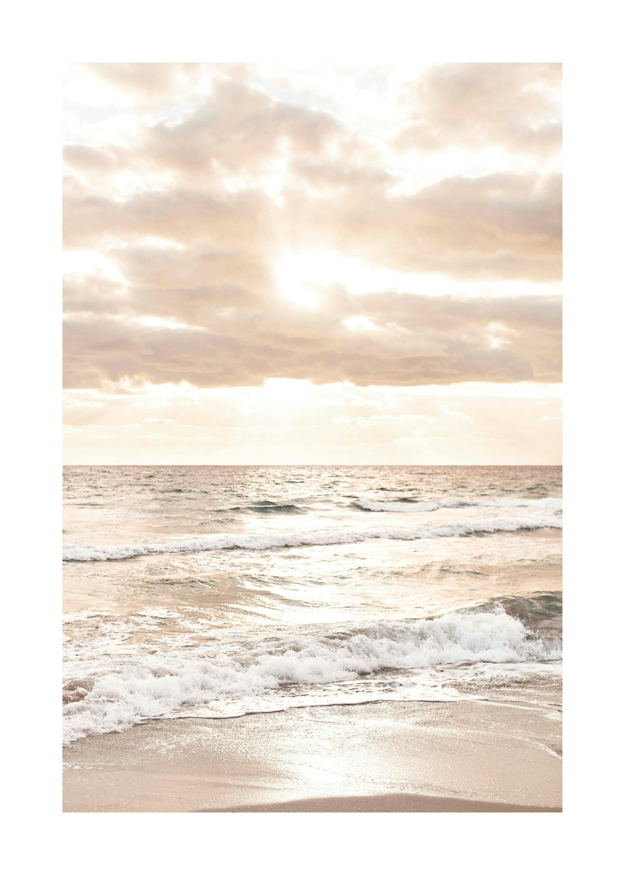 A poster featuring a tranquil beach scene with warm, soft light, gentle waves, and a sandy shore.