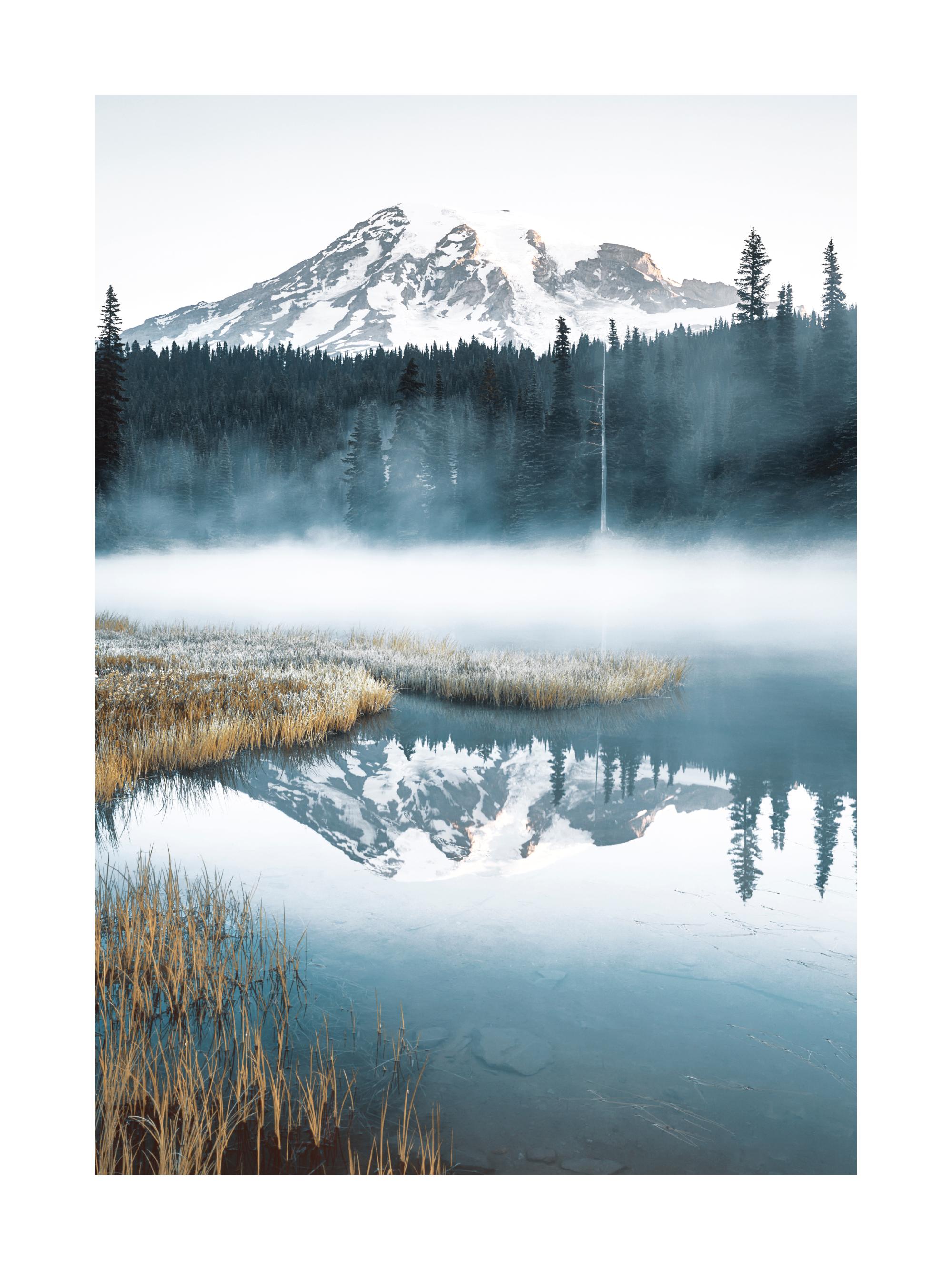 Blue Foggy Lake Poster with Misty Mountain View | Poster Store US
