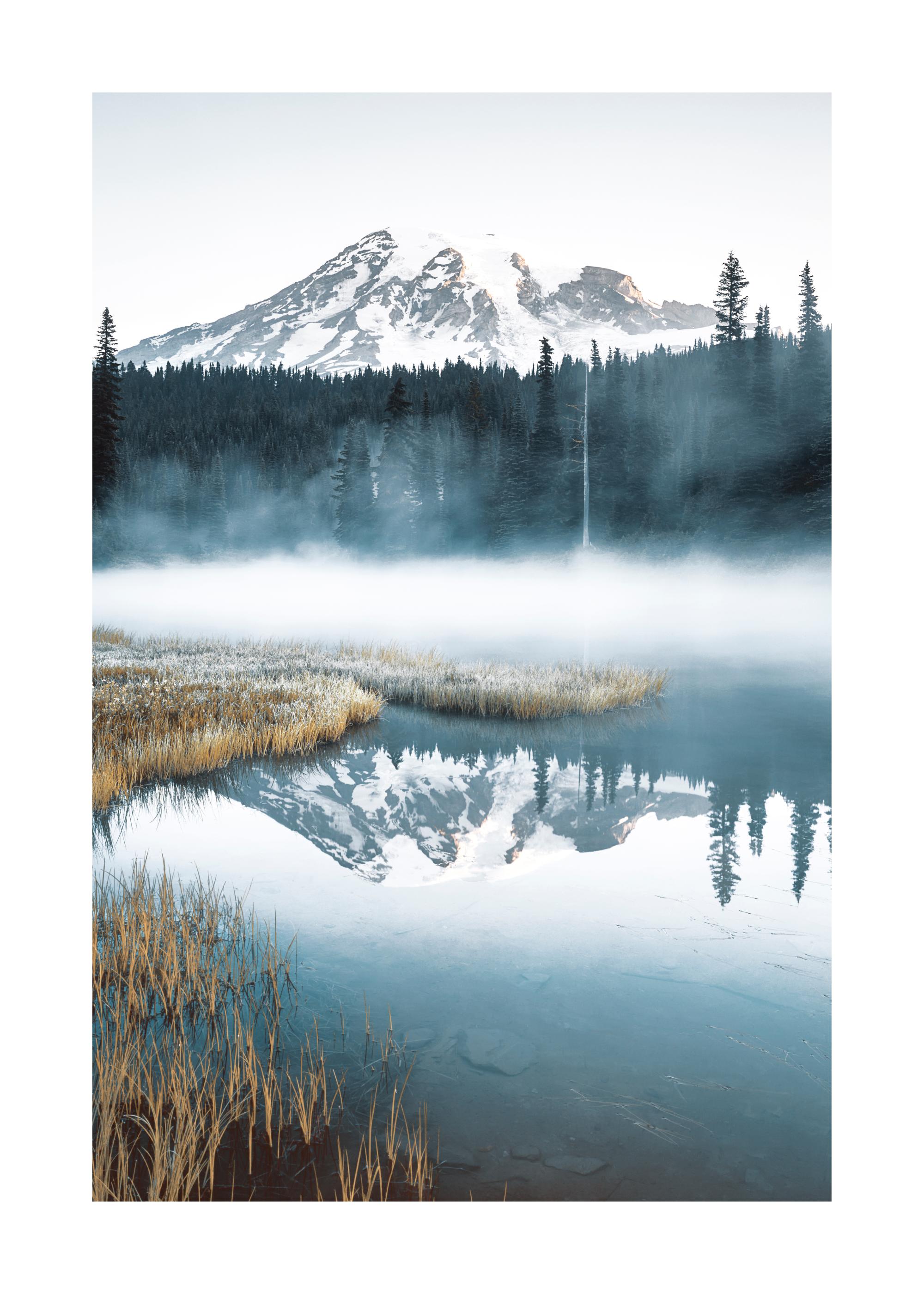Blue Foggy Lake Poster with Misty Mountain View | Poster Store US
