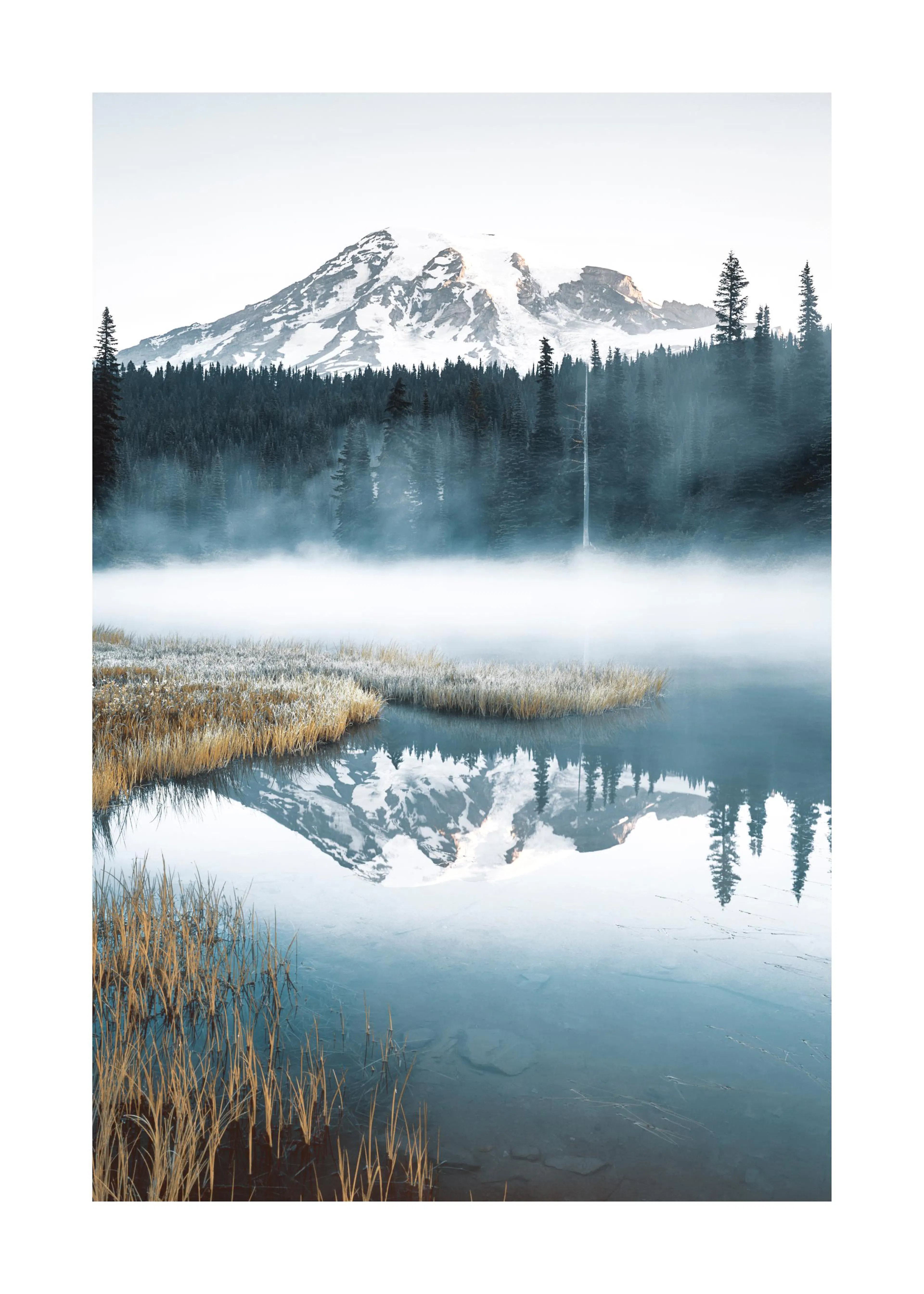 Poster: Ein spiegelnder Bergsee mit Nebel, umgeben von schneebedeckten Bergen und dunklen Nadelwäldern.