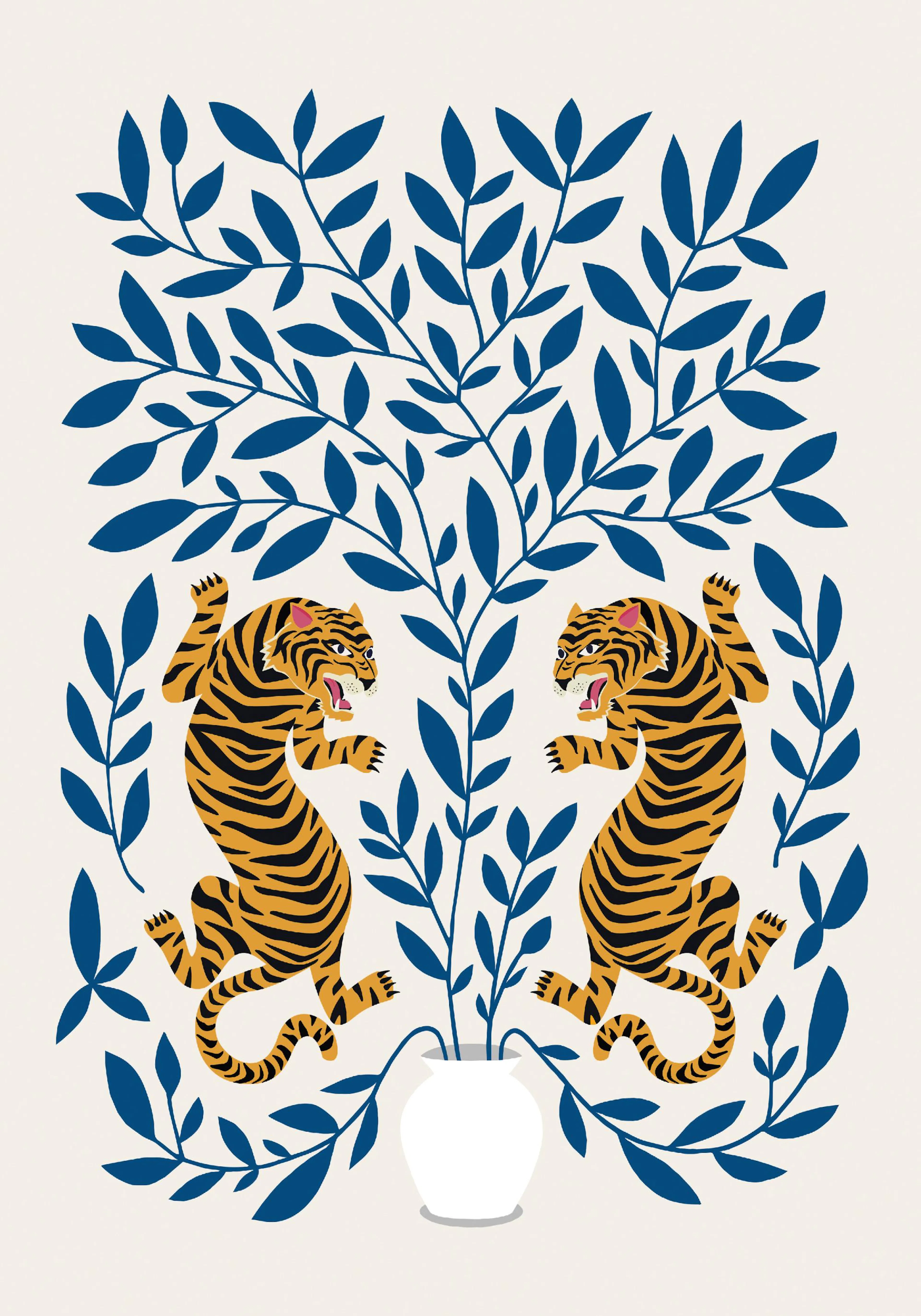 A poster featuring a mirrored illustration of two orange and black tigers roaring, surrounded by blue leaves emerging from a whi