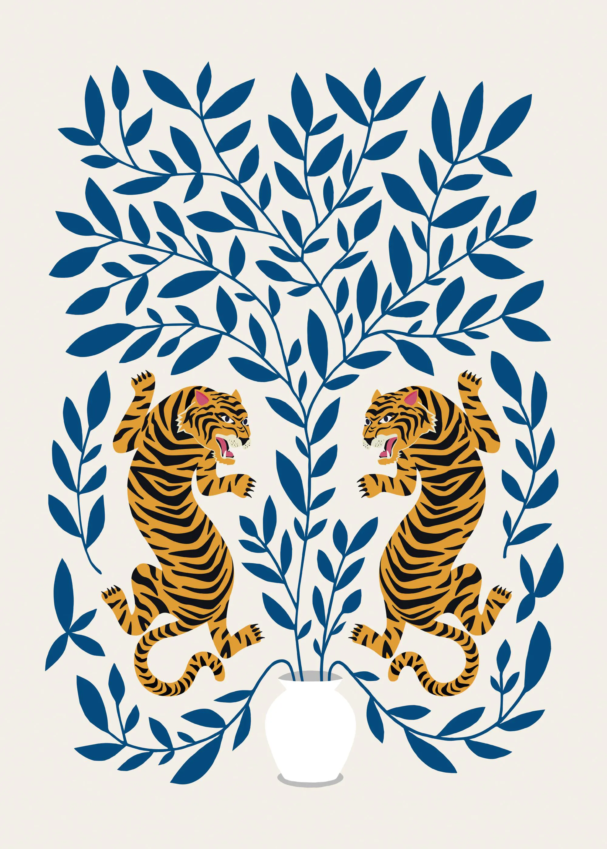 En poster med två orange och svarta tigrar som attackerar ett blått blommande träd i en vit vas.