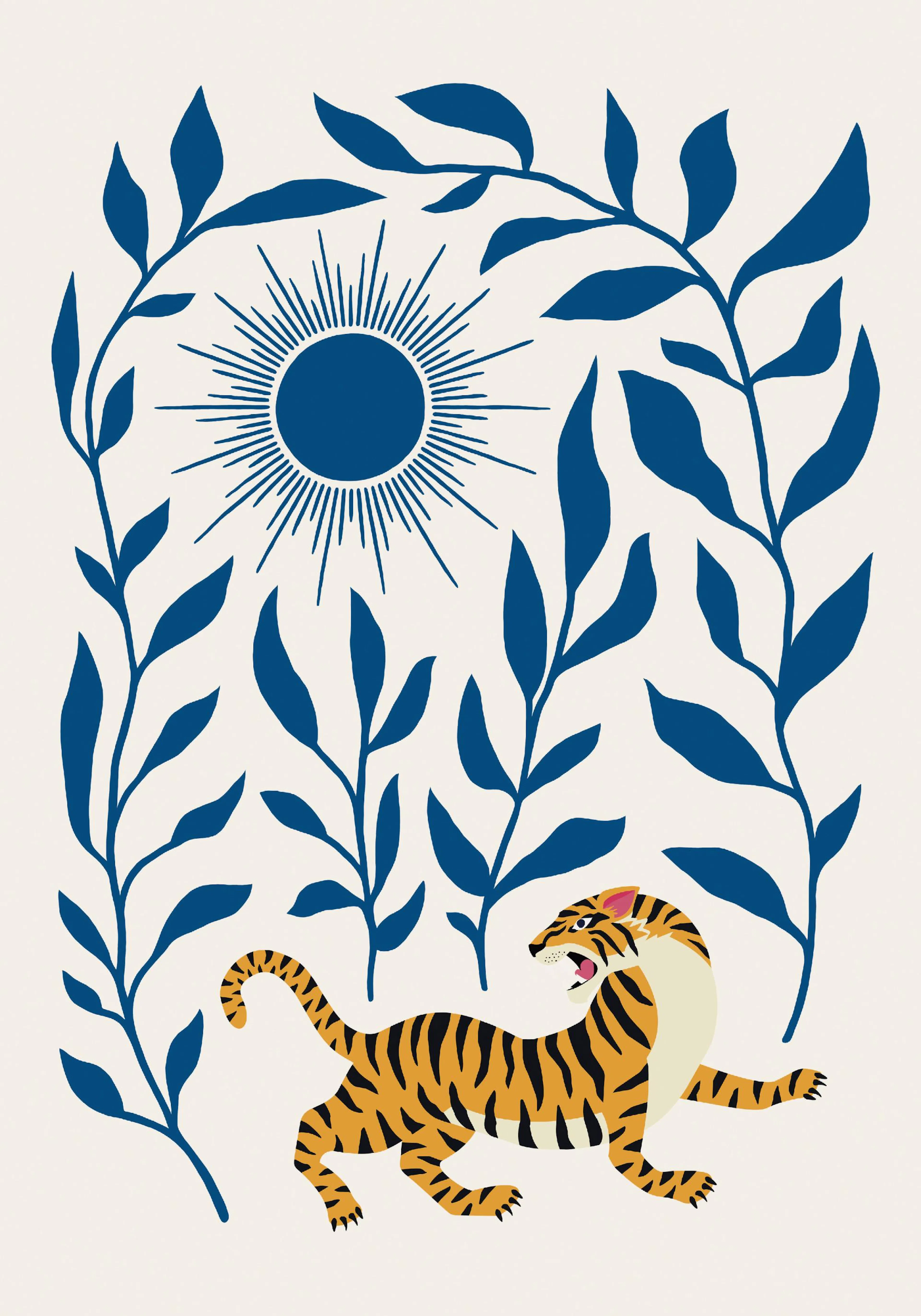 A poster featuring a stylized orange tiger with black stripes and open mouth, surrounded by blue botanical leaves and a sunburst