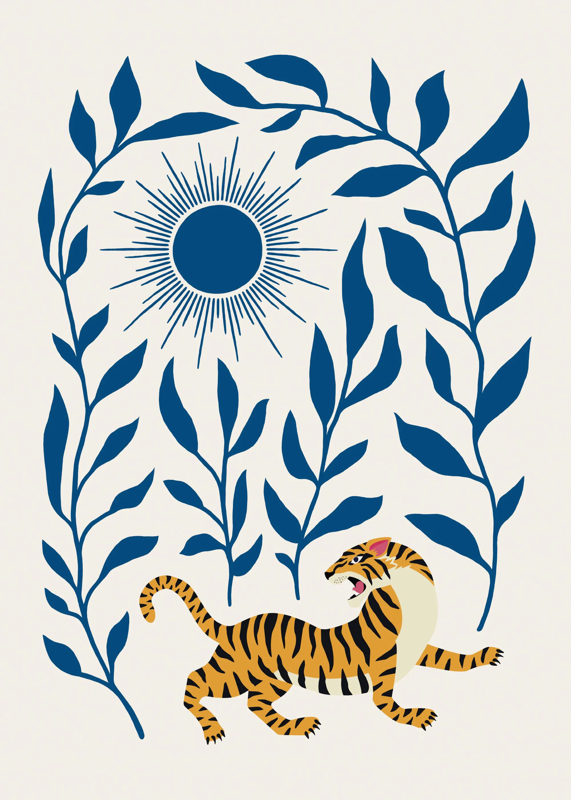 Un poster représentant un tigre orange et noir, des feuilles bleues et un soleil stylisé sur fond clair.