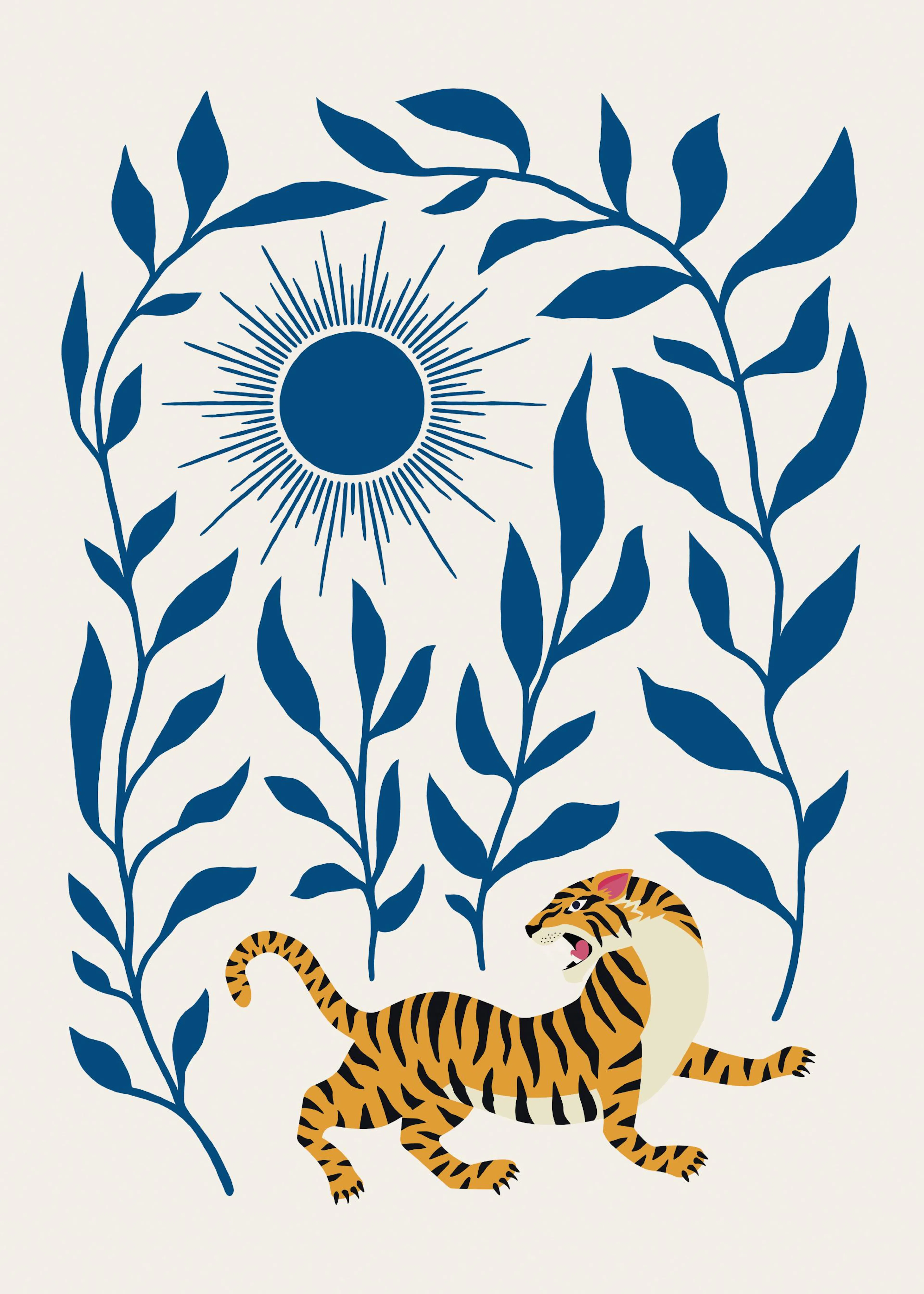 Un poster représentant un tigre orange et noir, des feuilles bleues et un soleil stylisé sur fond clair.