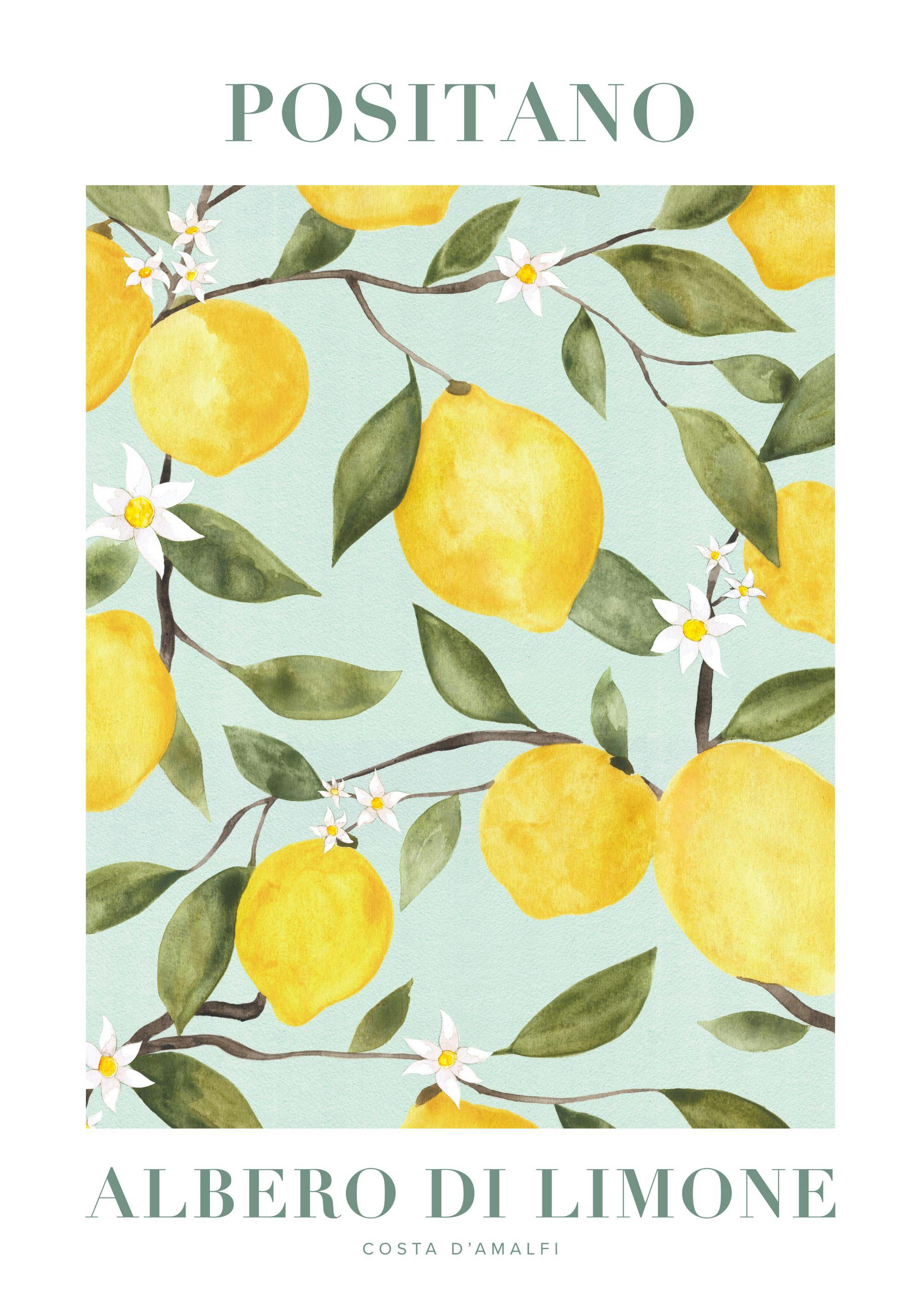 水色の背景にレモンと白い花が描かれた、明るい雰囲気のボタニカルデザインポスター。