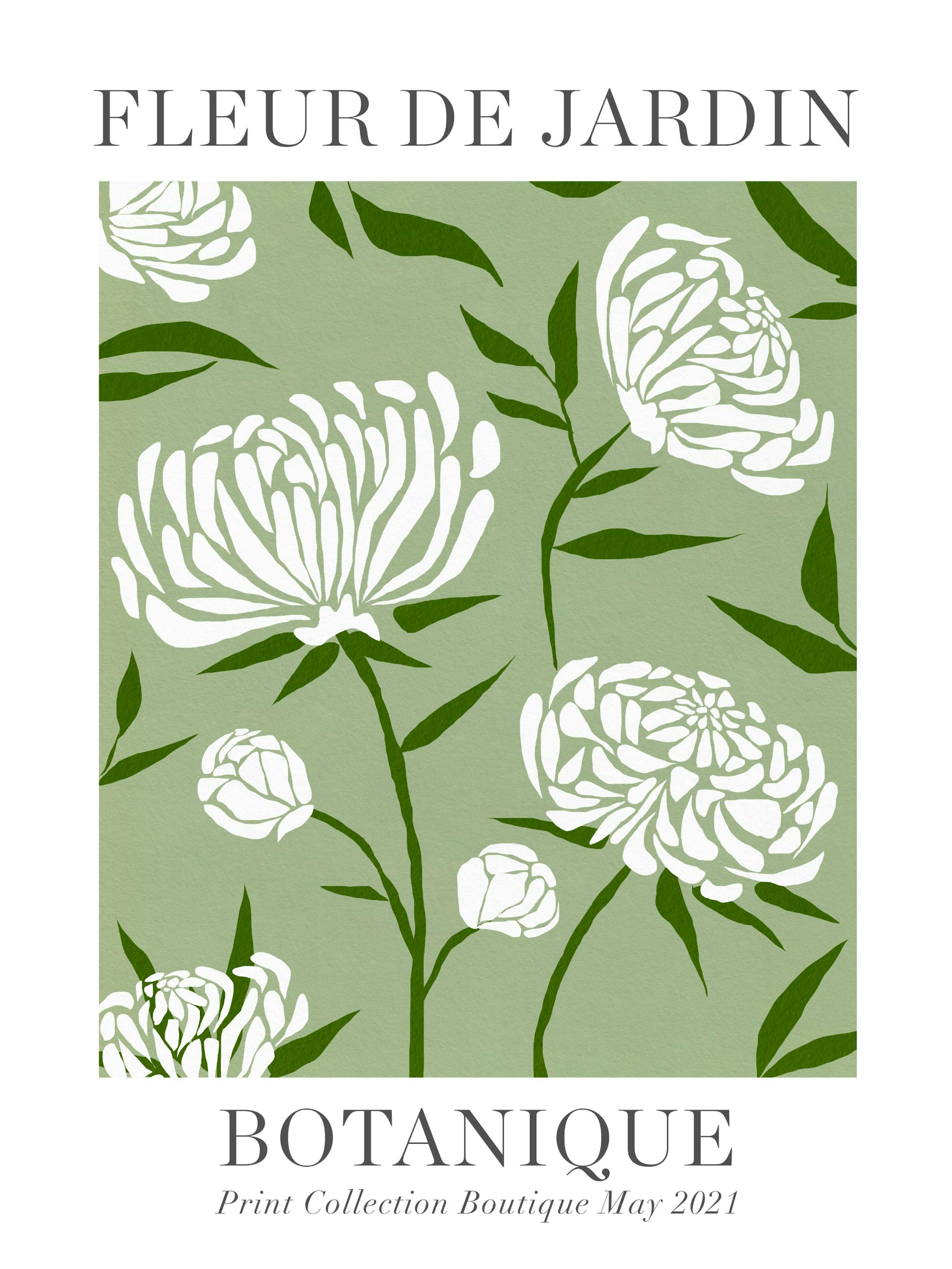 Póster de arte botánico de crisantemos blancos y hojas verdes sobre un fondo verde oliva.