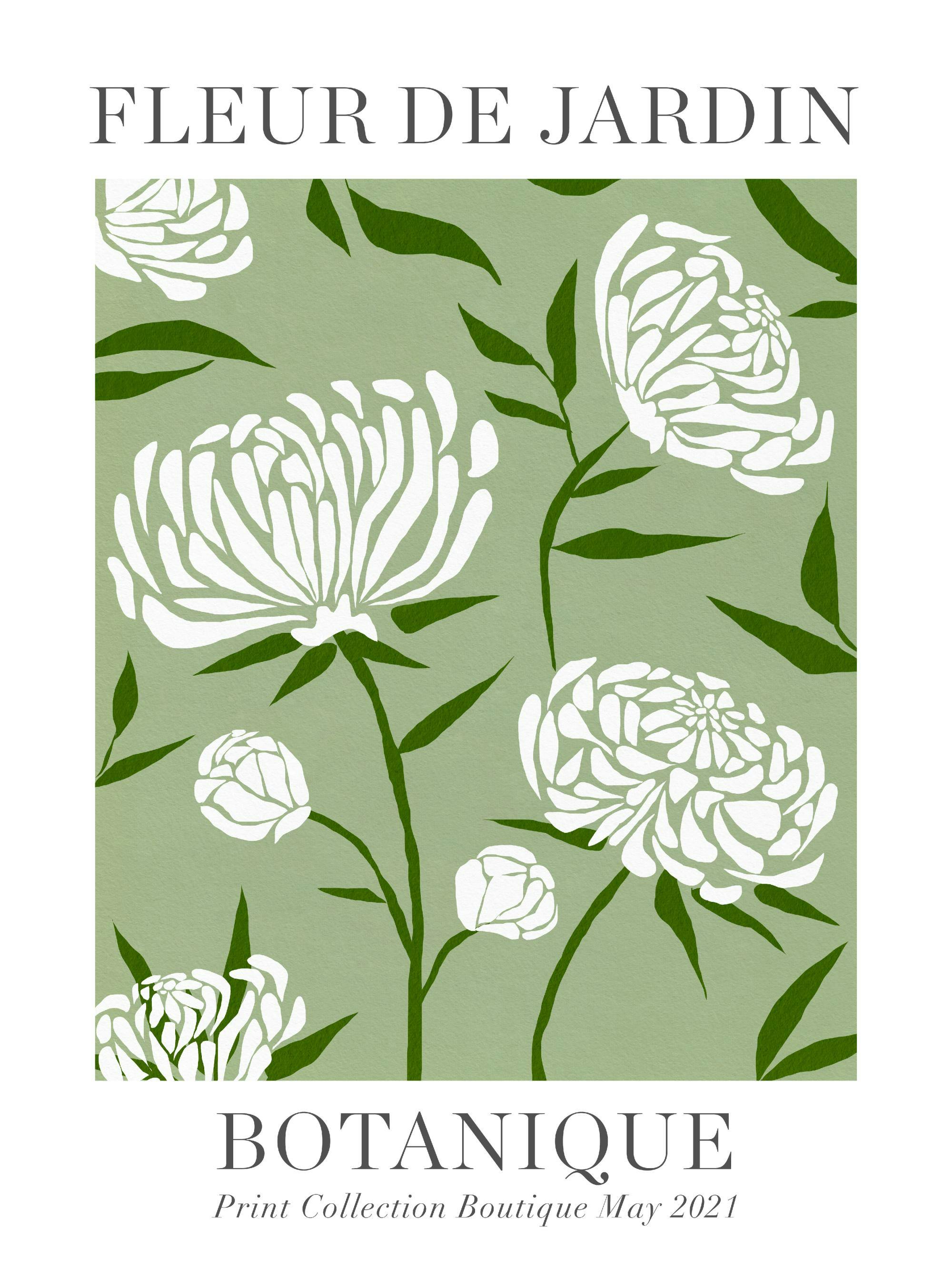 Póster de flores blancas y hojas verdes sobre un fondo verde oliva, estilo botánico. El póster dice Fleur de Jardin y Botanique.