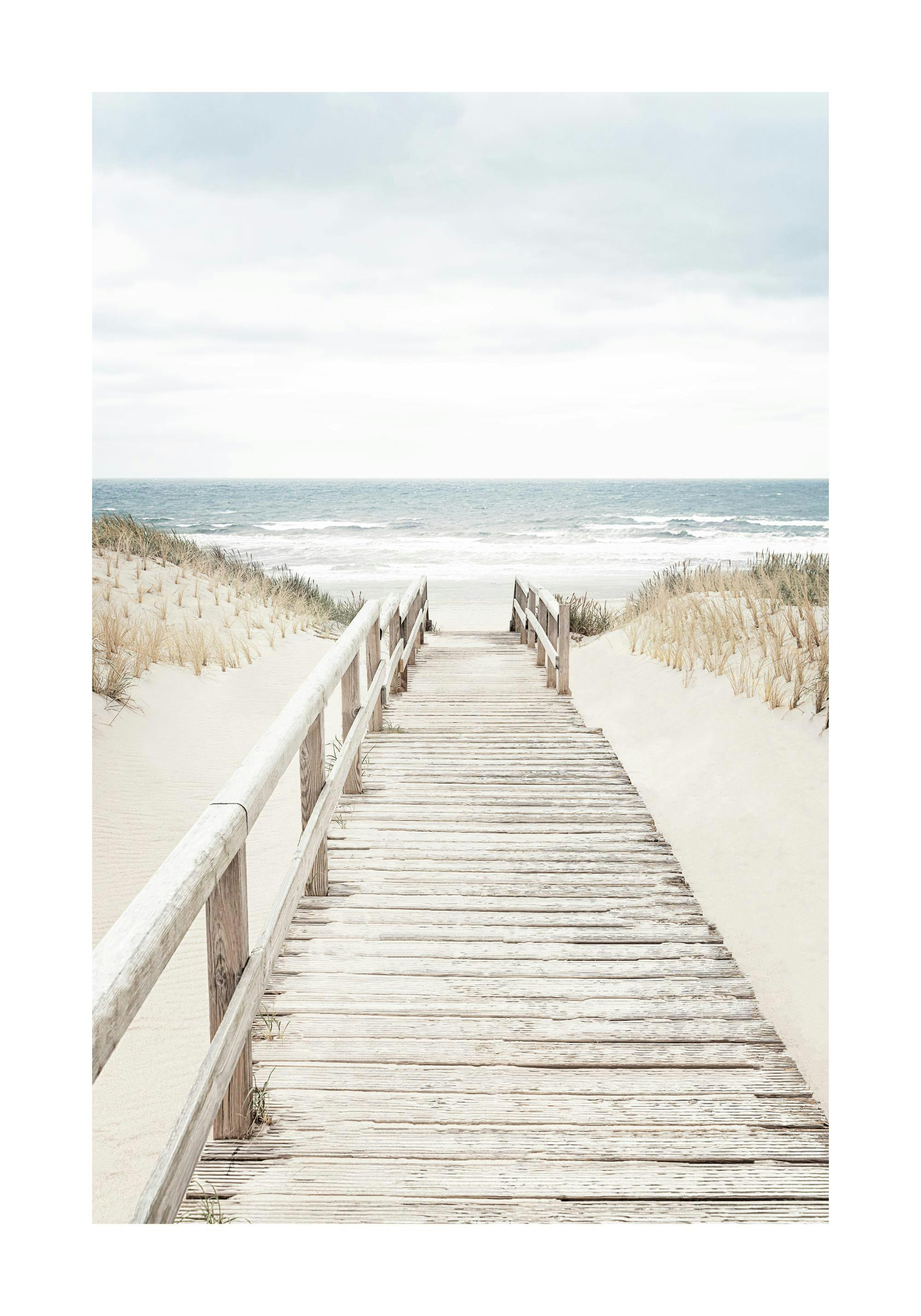 A poster featuring a wooden boardwalk leading through sand dunes to a calm ocean under a pale sky.