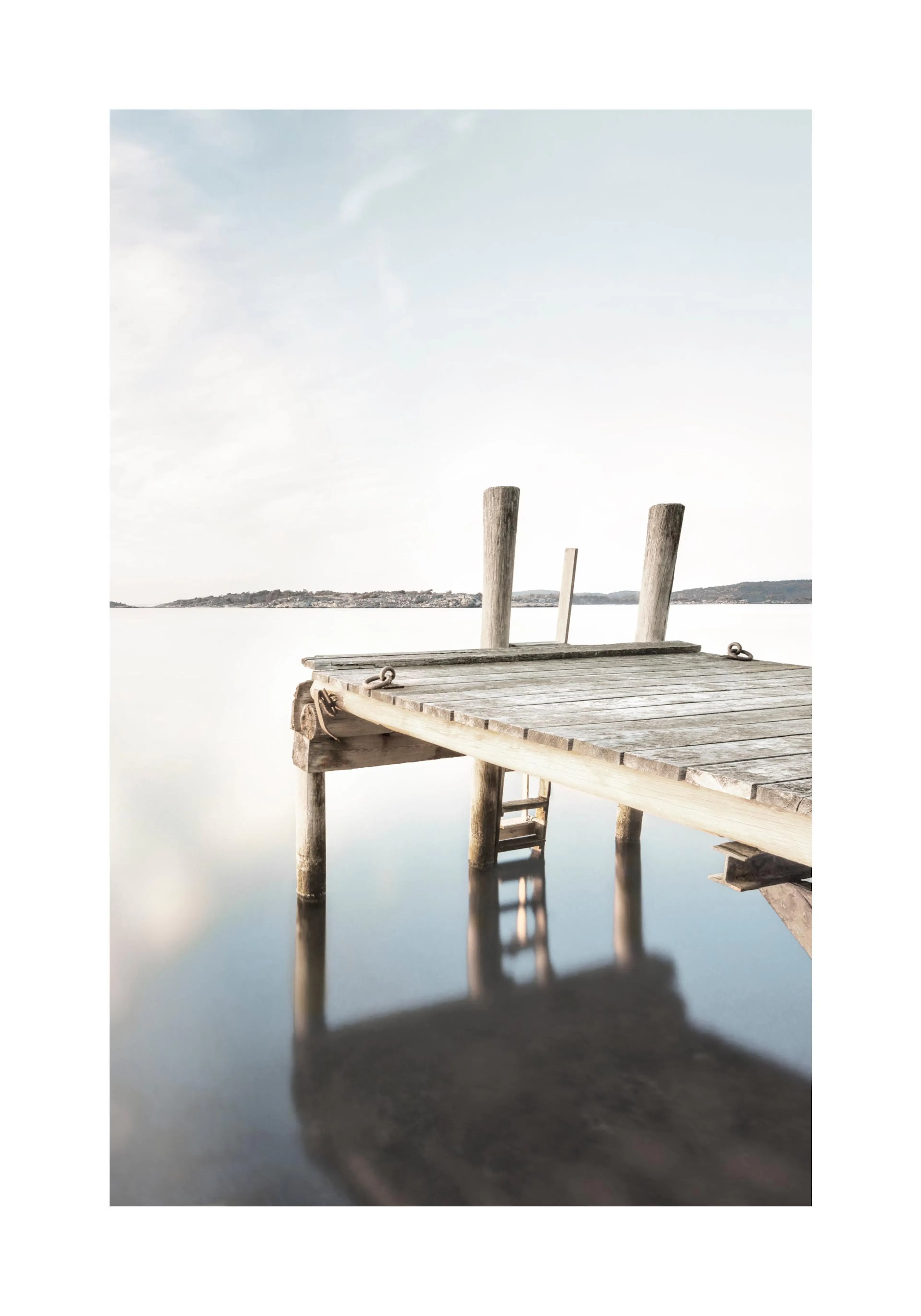 A poster depicting a rustic wooden jetty extending into calm, light blue water under a bright sky.