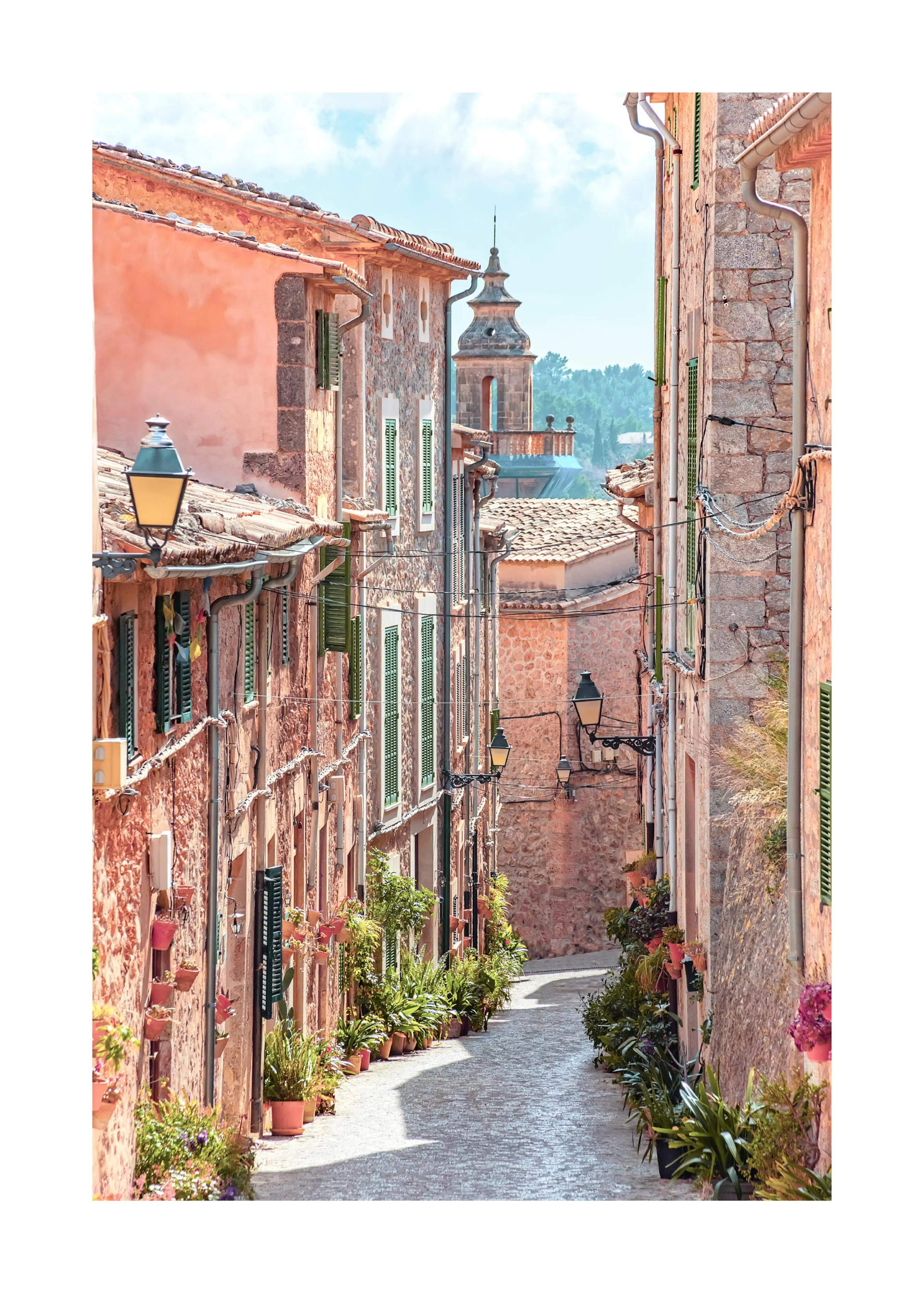 En poster av en smal, kullerstensbelagd gata i en medelhavsstad, med gamla stenhus och gröna växter i krukor.
