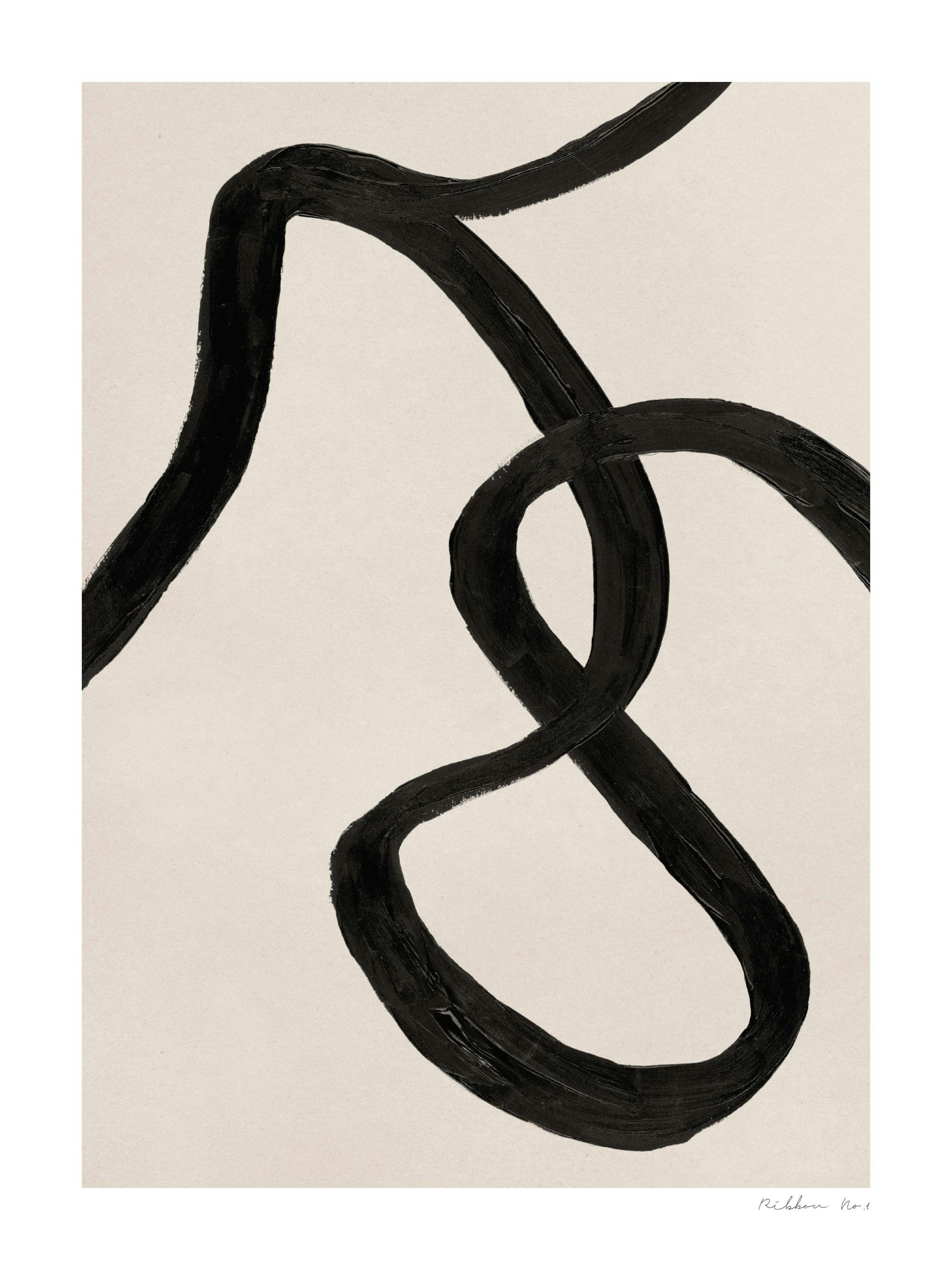 A poster featuring a thick, black, painterly line swirling and looping on a cream background, signed Ribbon No. 1.