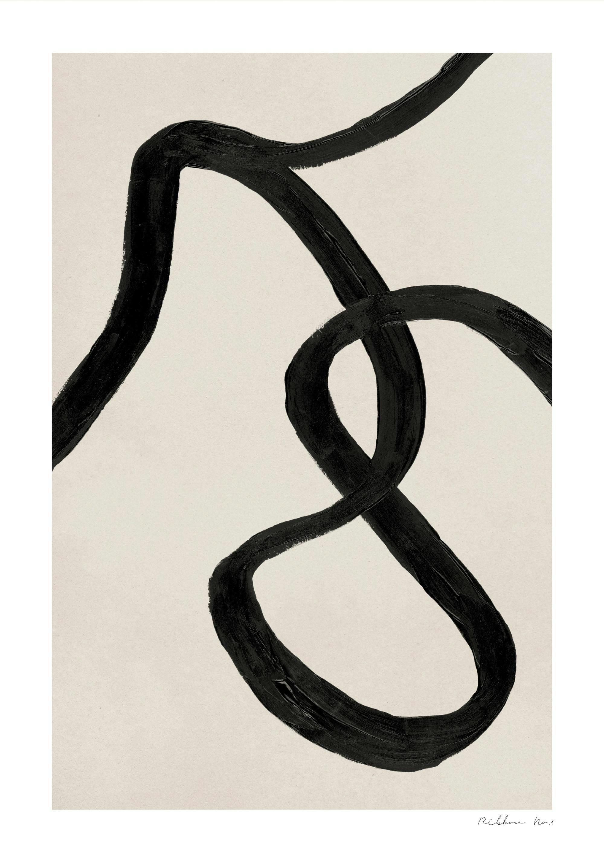 A poster with a prominent, thick black brushstroke forming a swirling, ribbon-like organic shape on a light beige background.