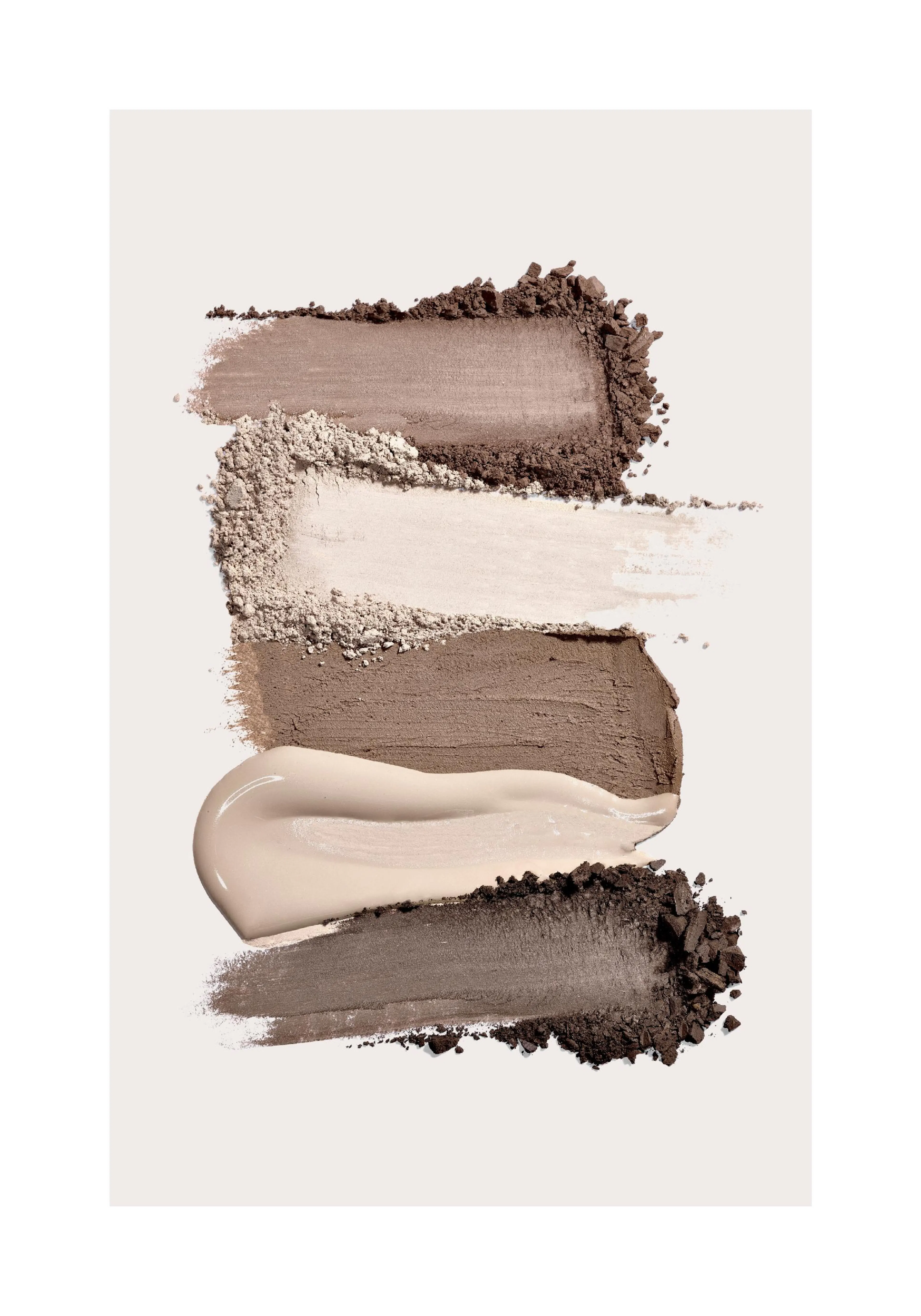 A poster featuring swatches of brown and beige makeup powder with a creamy beige liquid foundation wave.
