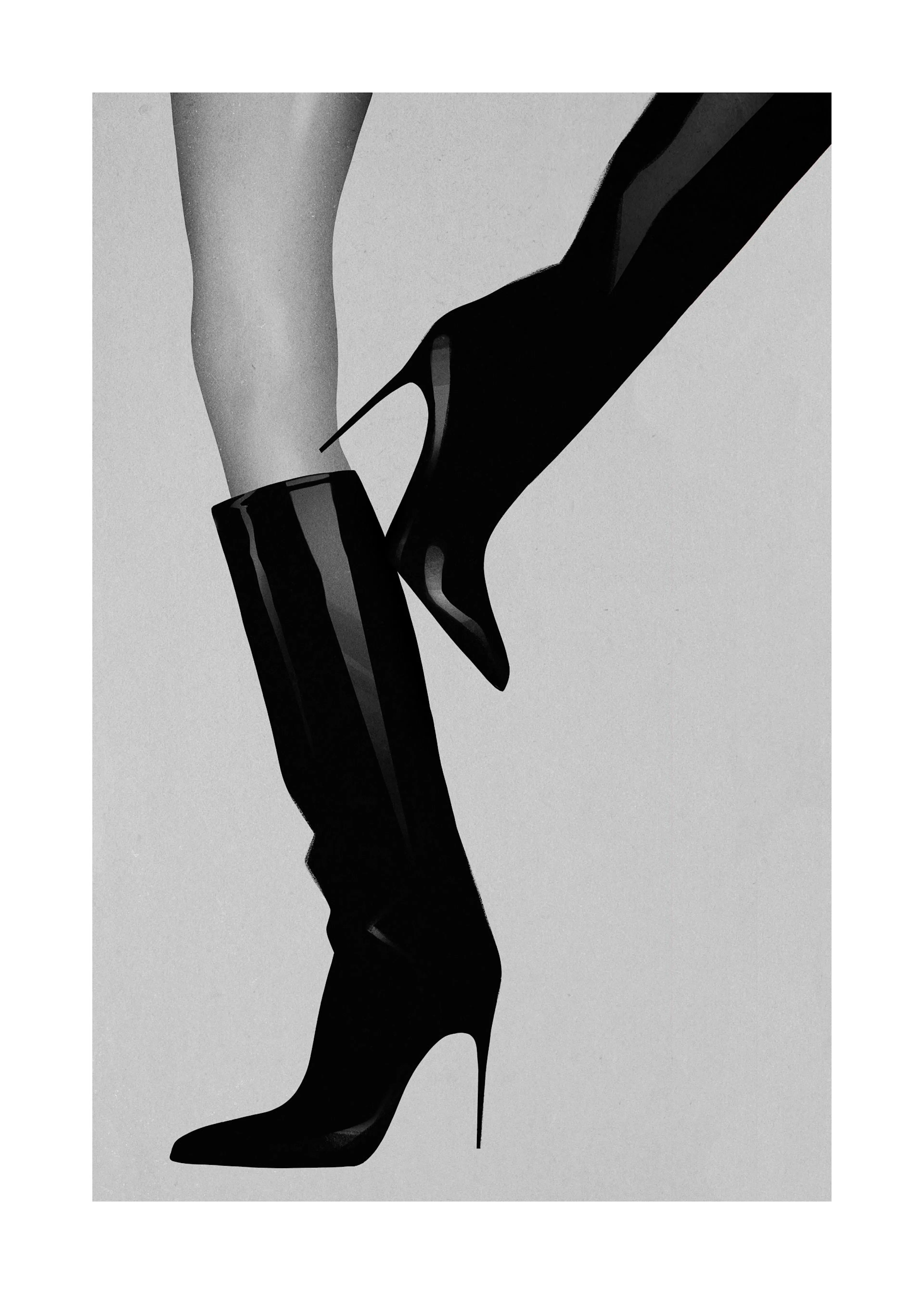 A poster featuring a black and white image of two legs, one wearing a high-heeled boot and the other a pointed high-heeled shoe.