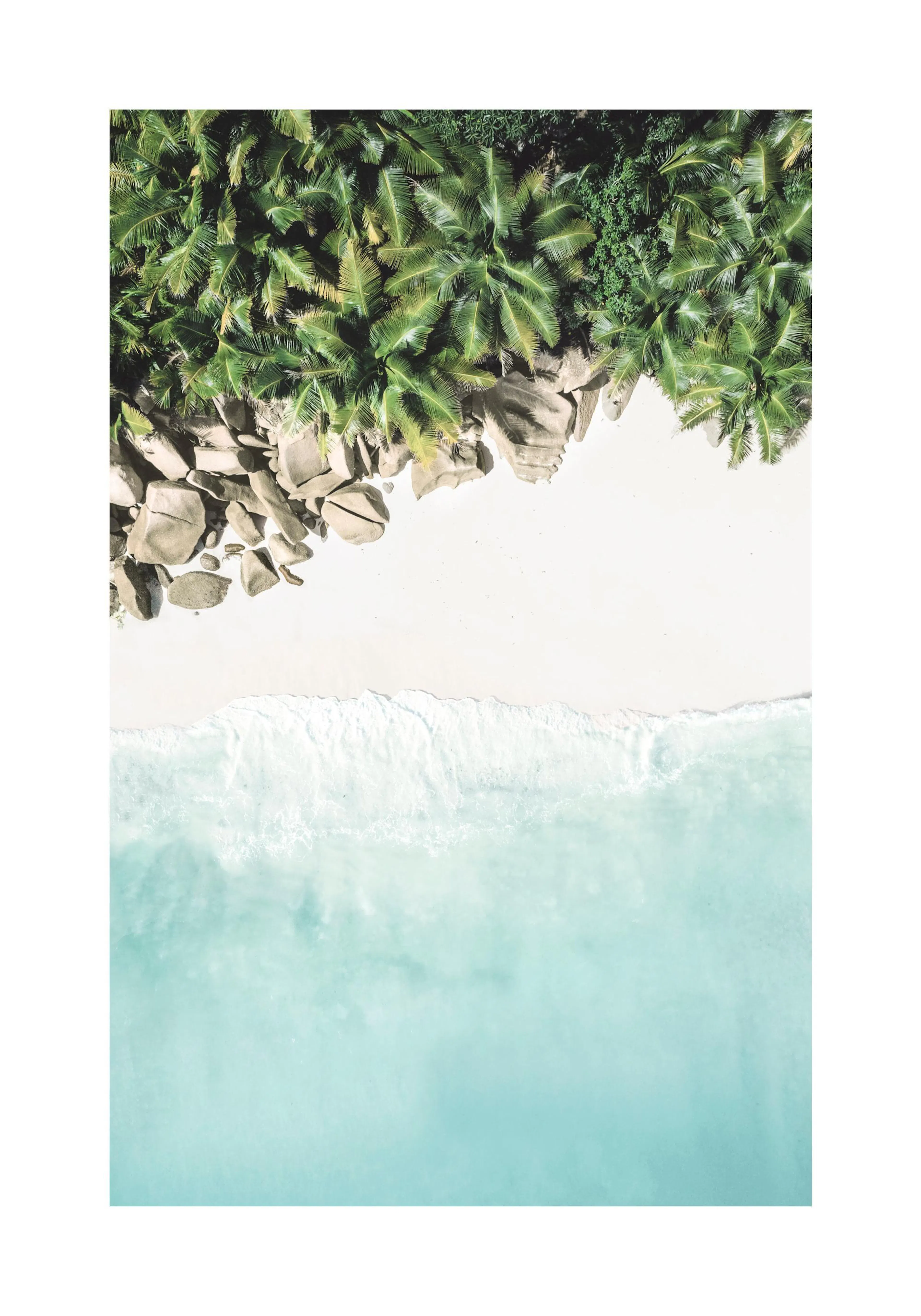 A poster featuring an aerial view of a tropical beach with turquoise water, white sand, palm trees, and scattered rocks.