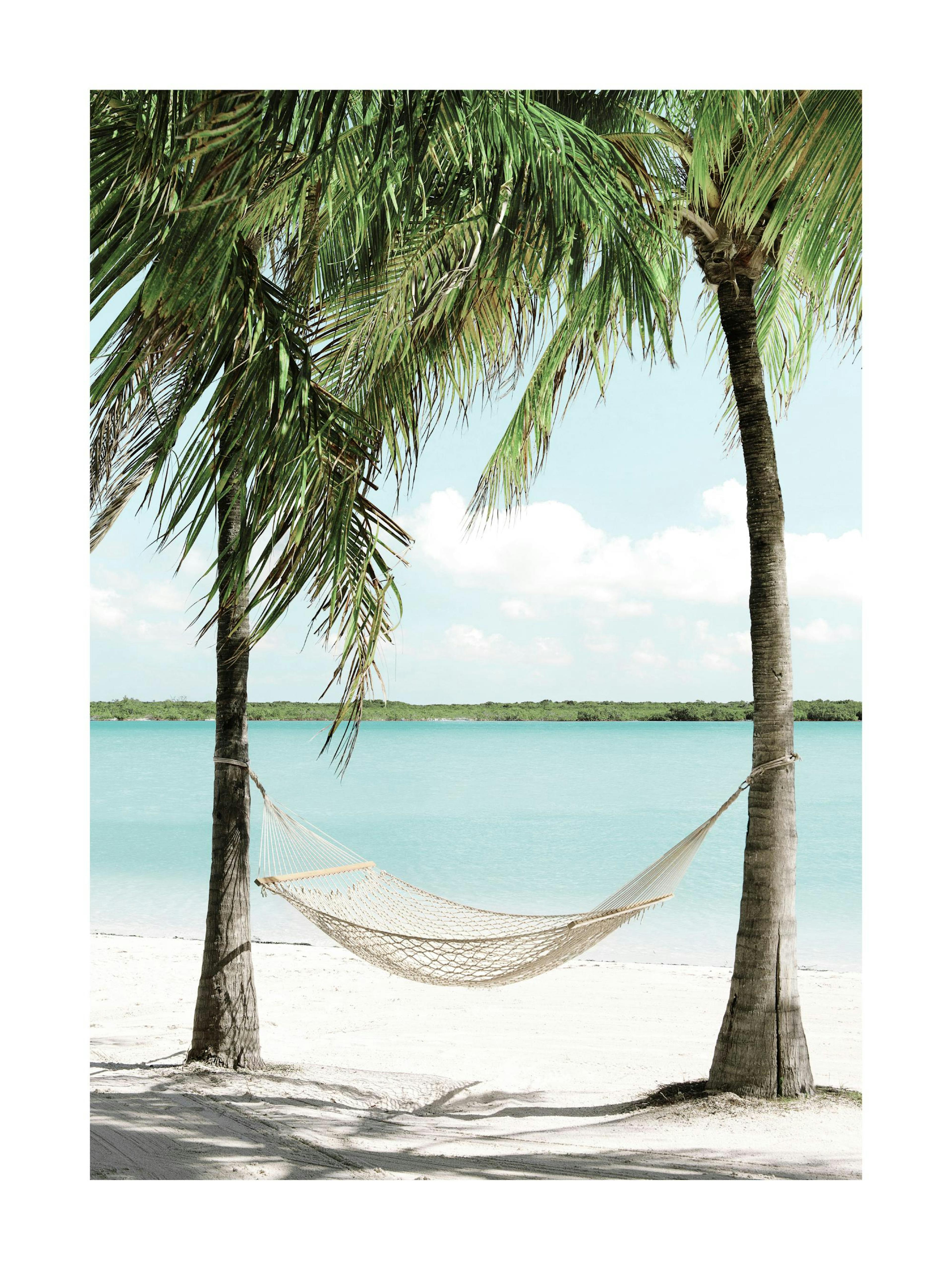 Póster de una hamaca entre dos palmeras en una playa de arena blanca con agua turquesa de fondo.