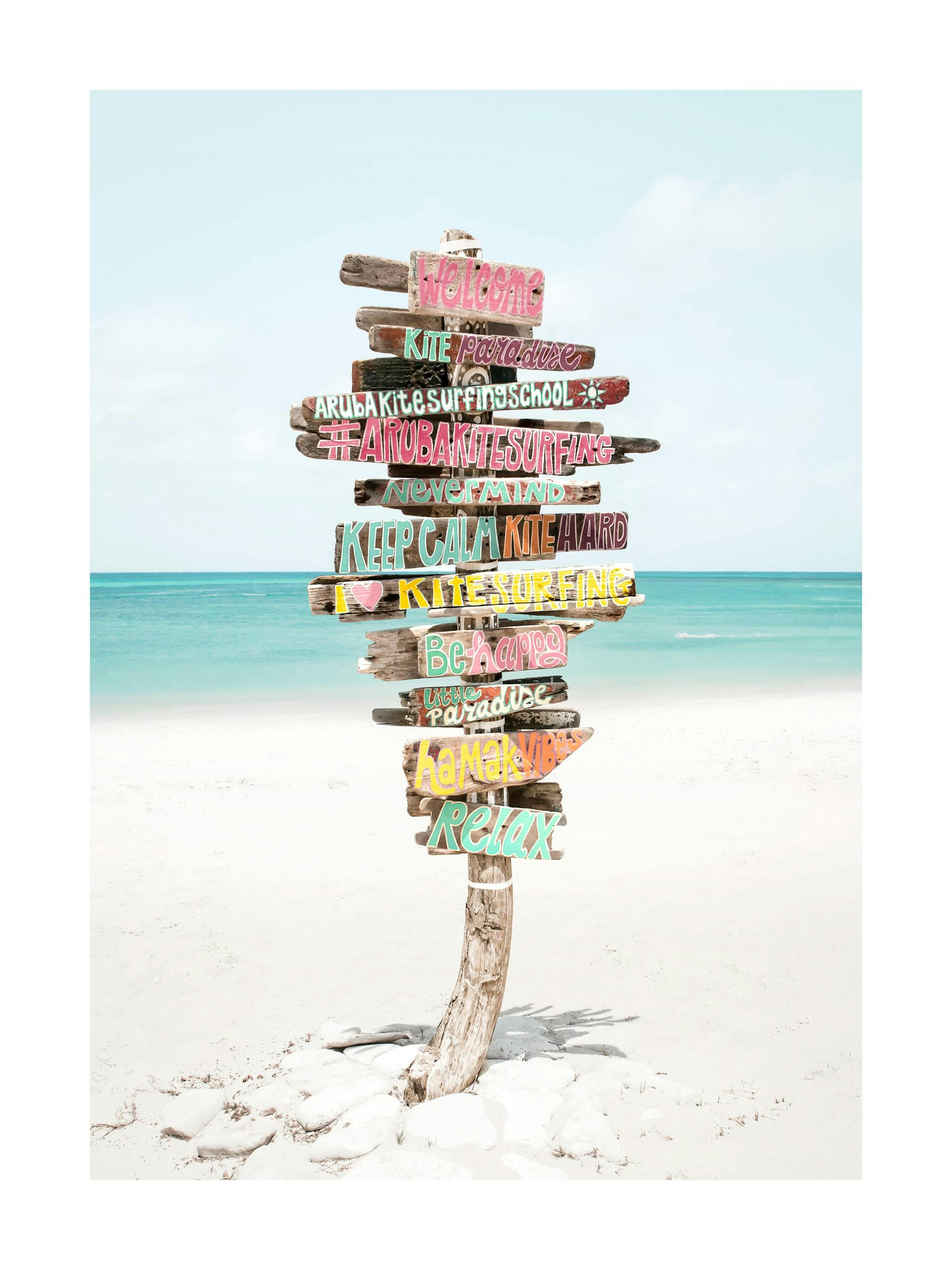 A poster featuring a colorful wooden signpost on a white sand beach with the blue ocean in the background.
