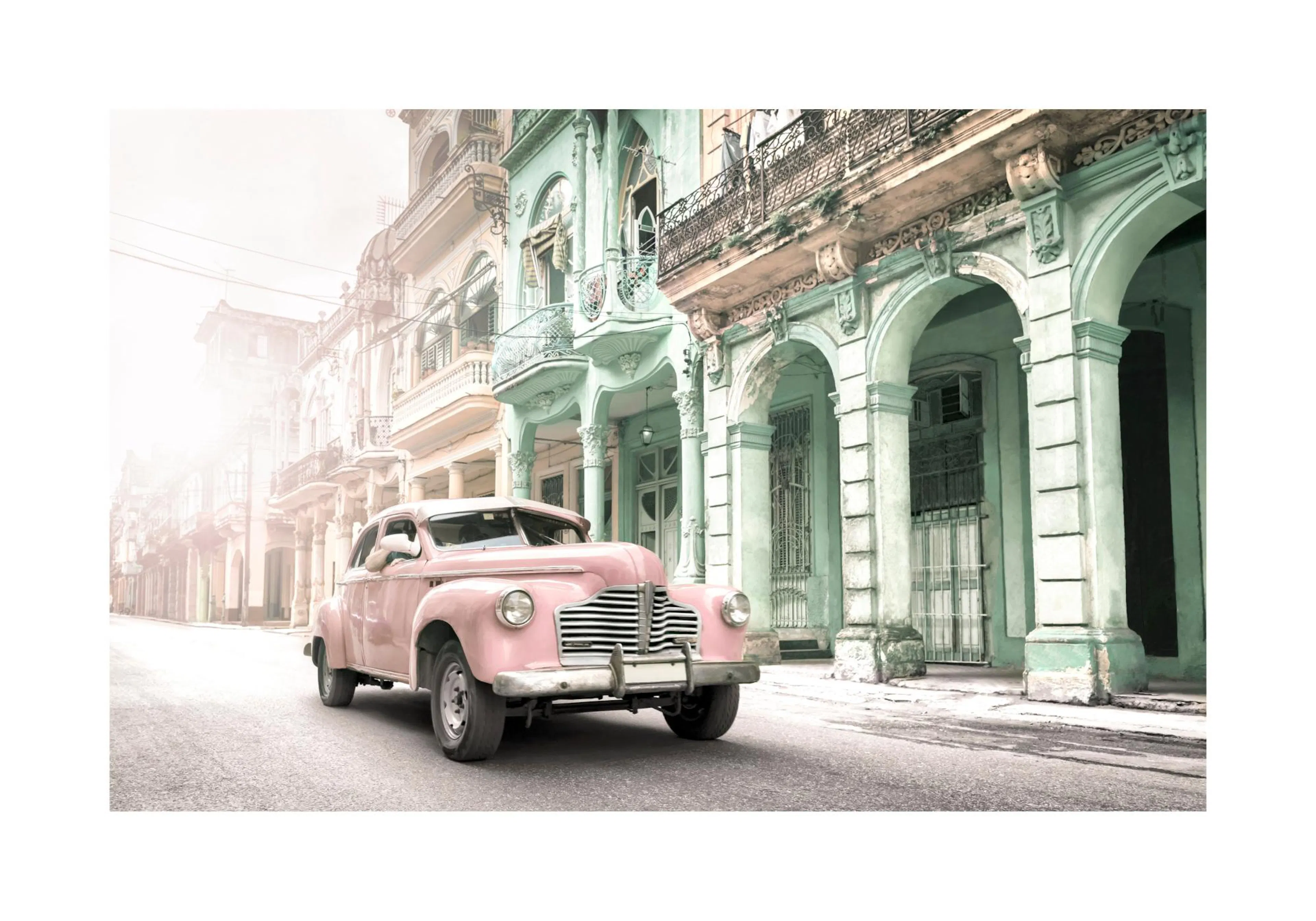A poster featuring a vintage pink car on a street lined with pastel green and beige buildings.