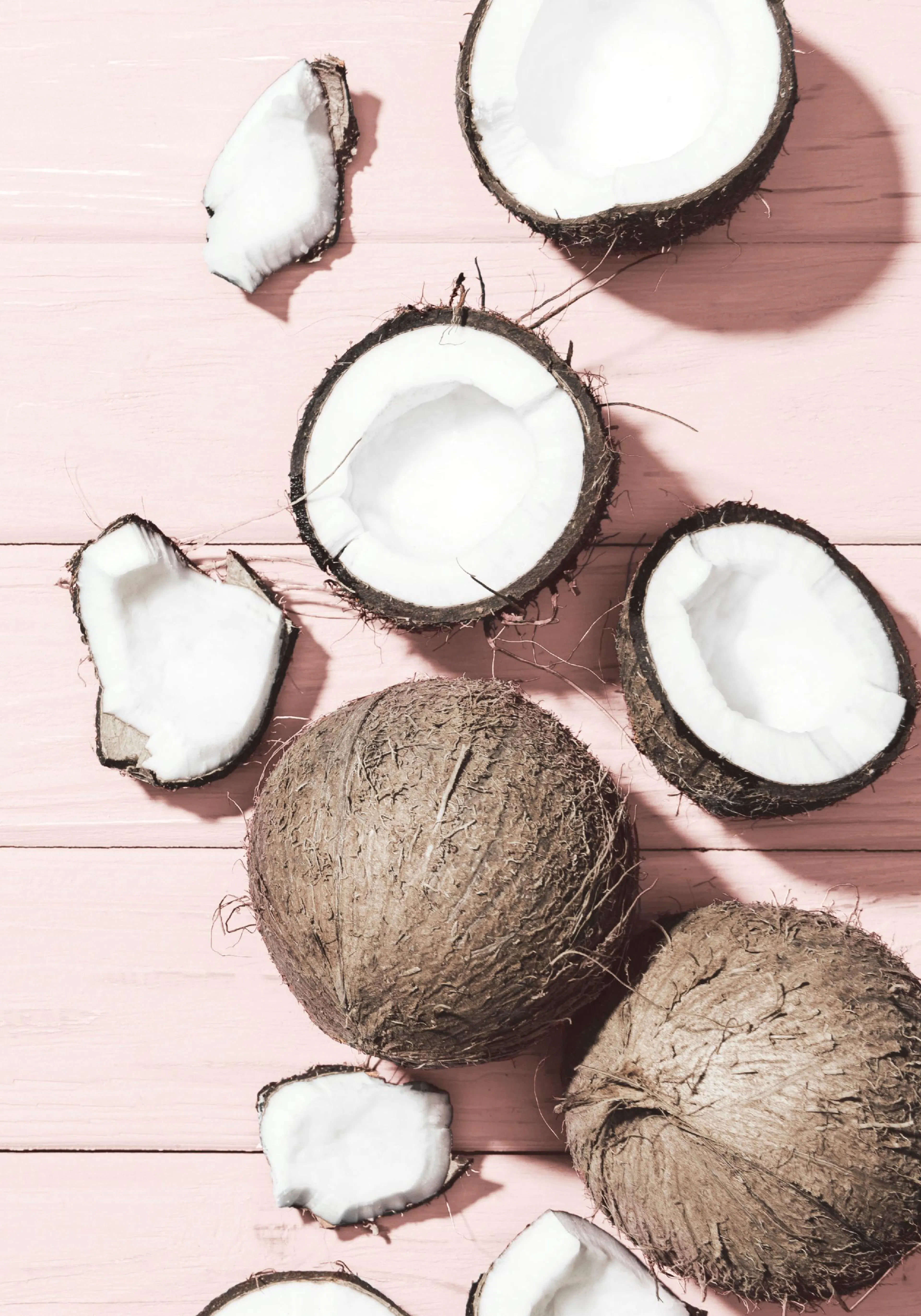 A poster featuring whole and halved coconuts, with broken pieces, arranged on a light pink wooden background.