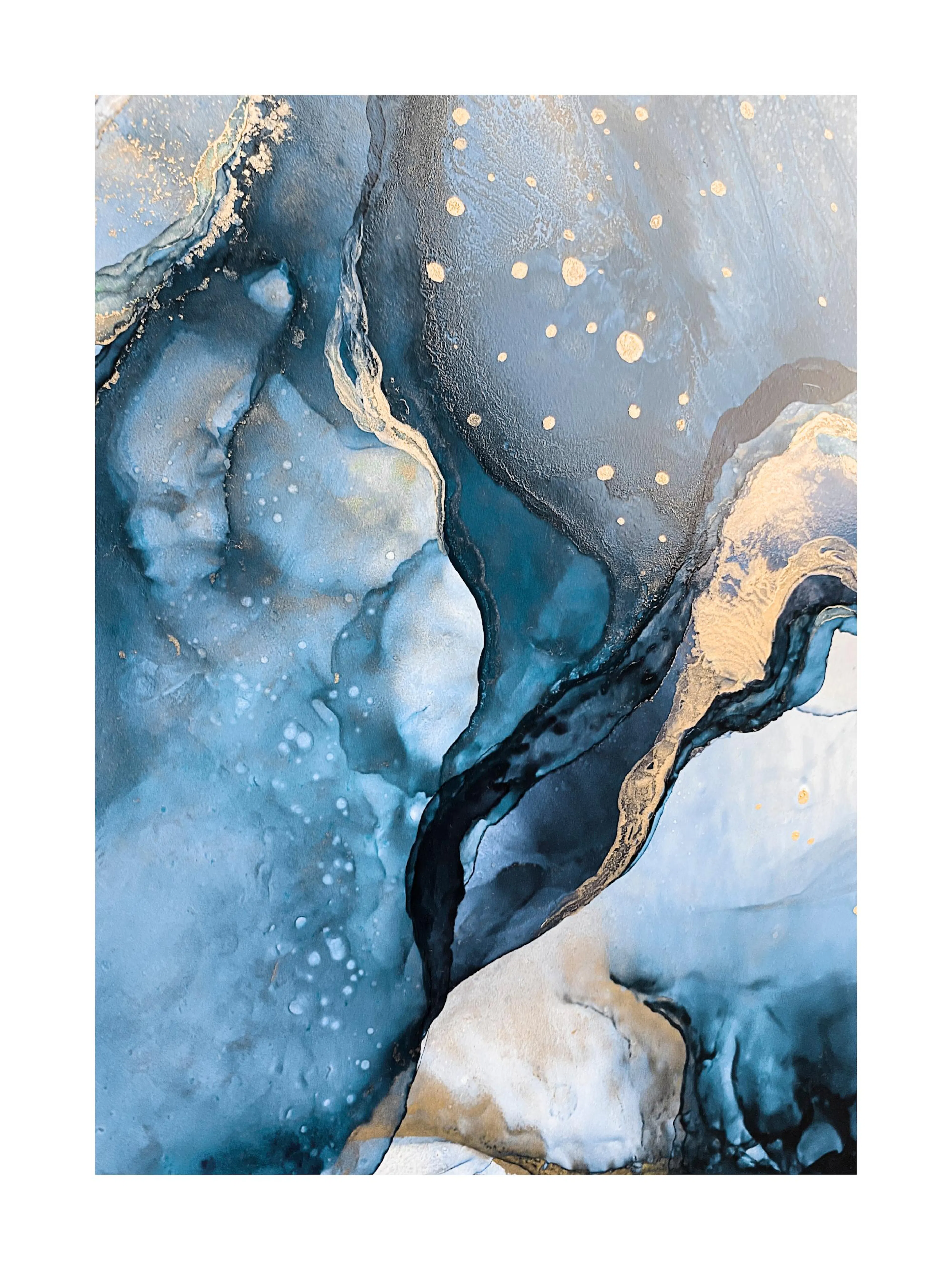 A poster featuring an abstract alcohol ink artwork with flowing blues, deep teals, and shimmering gold accents.