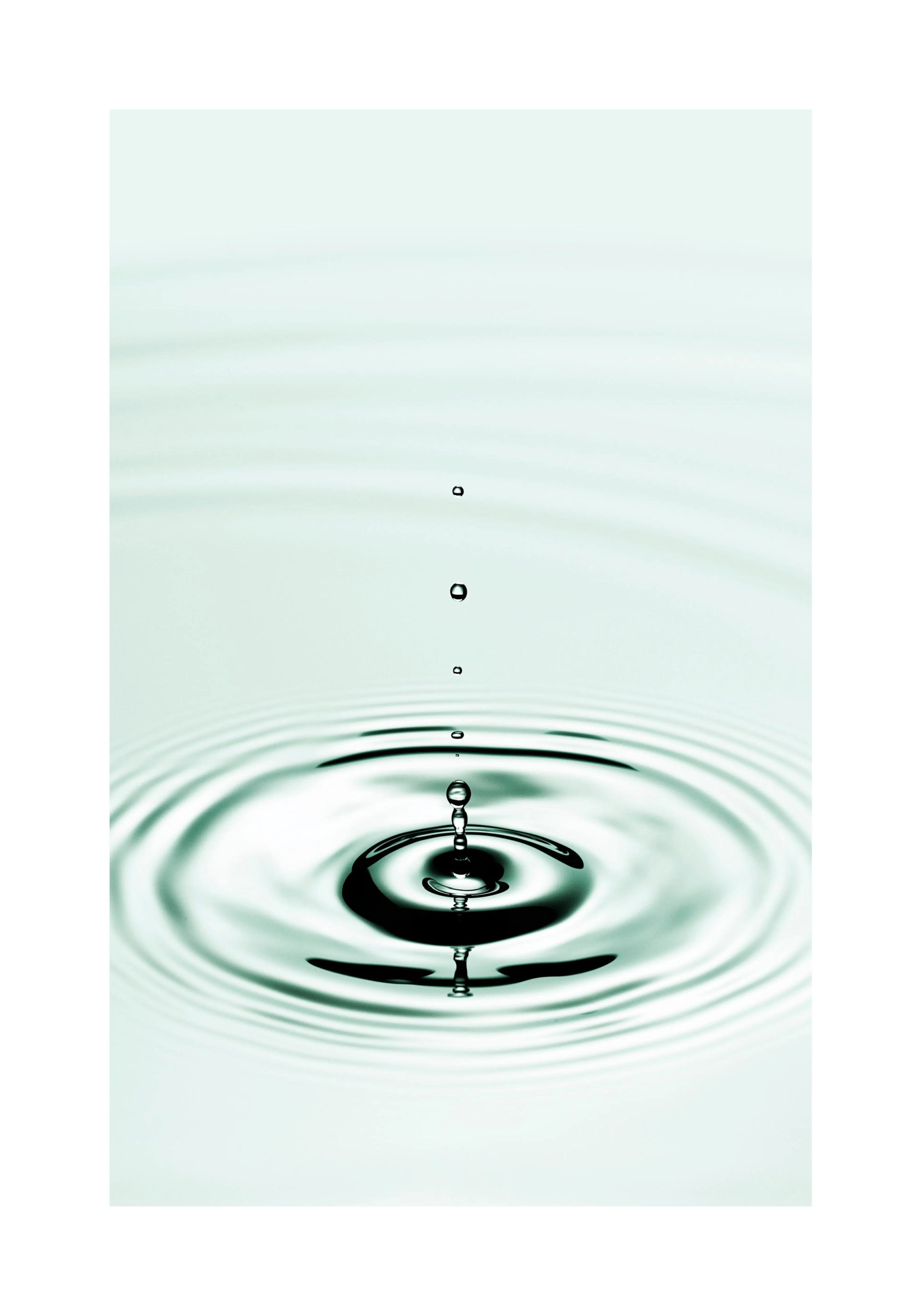 A poster depicting a single water droplet creating concentric ripples on a light blue-green surface.