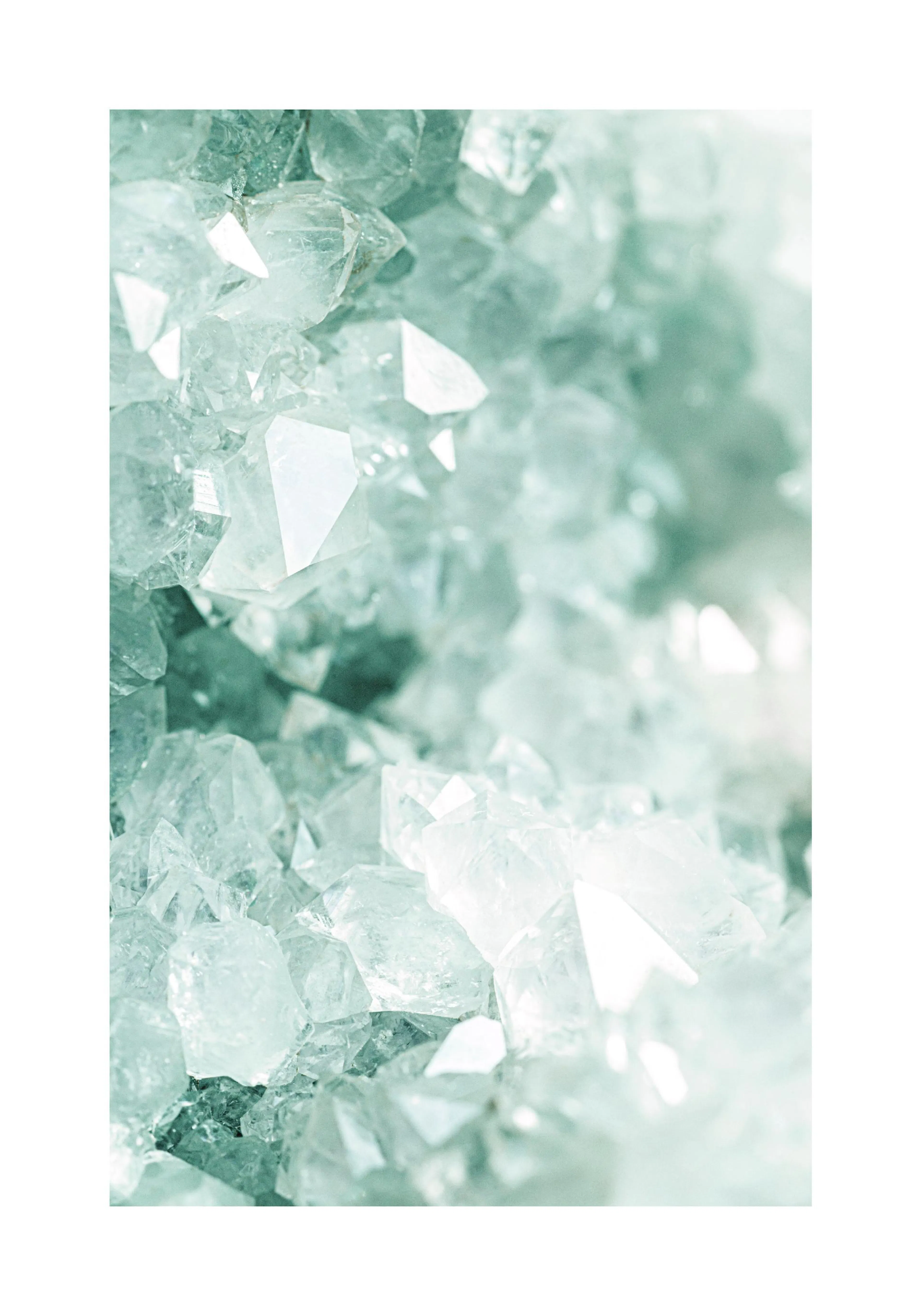 A poster featuring a close-up of light aqua blue crystal formations with sharp, clear facets.