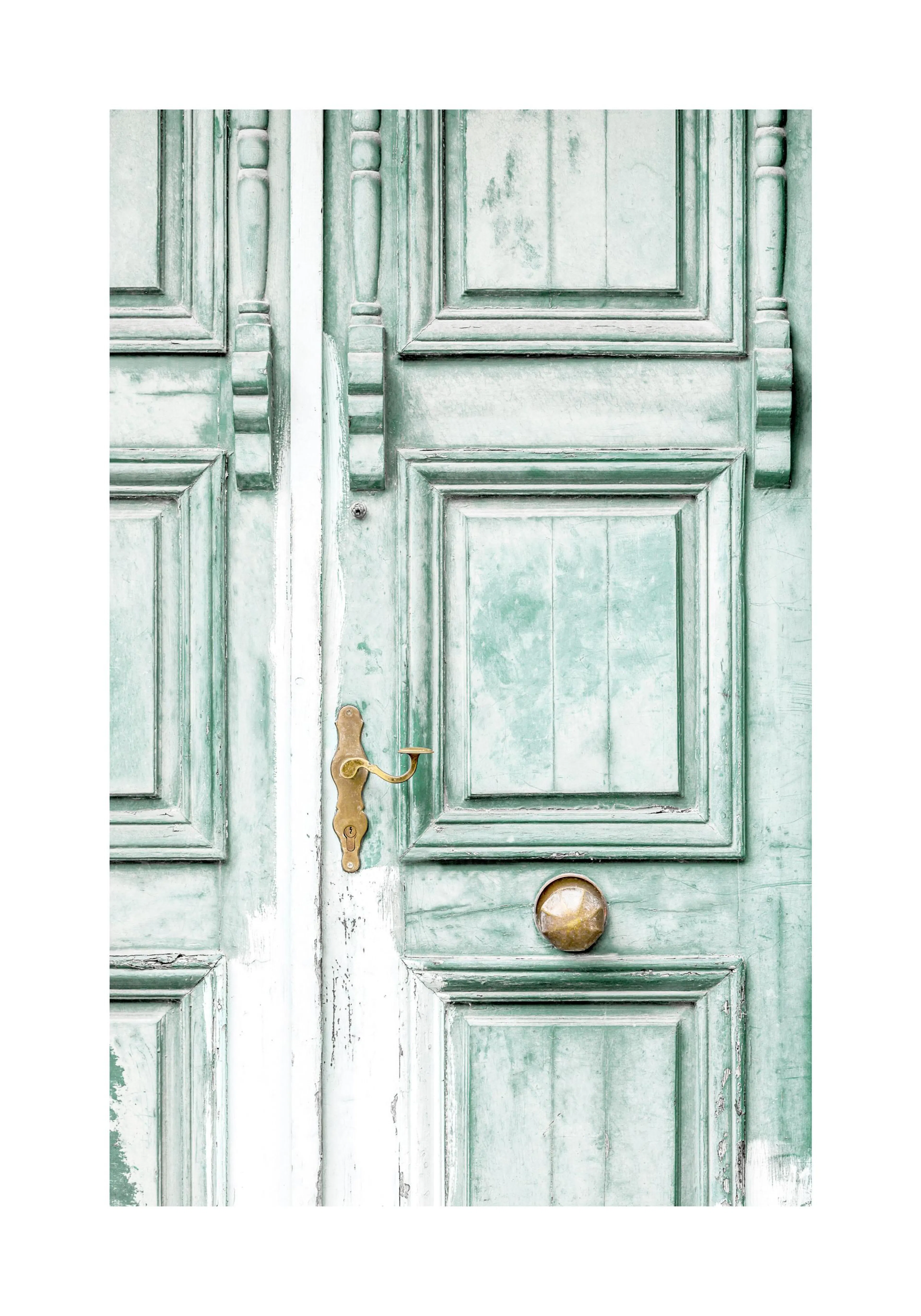 A poster featuring a close-up of a weathered light green wooden door with an aged brass handle and doorknob.