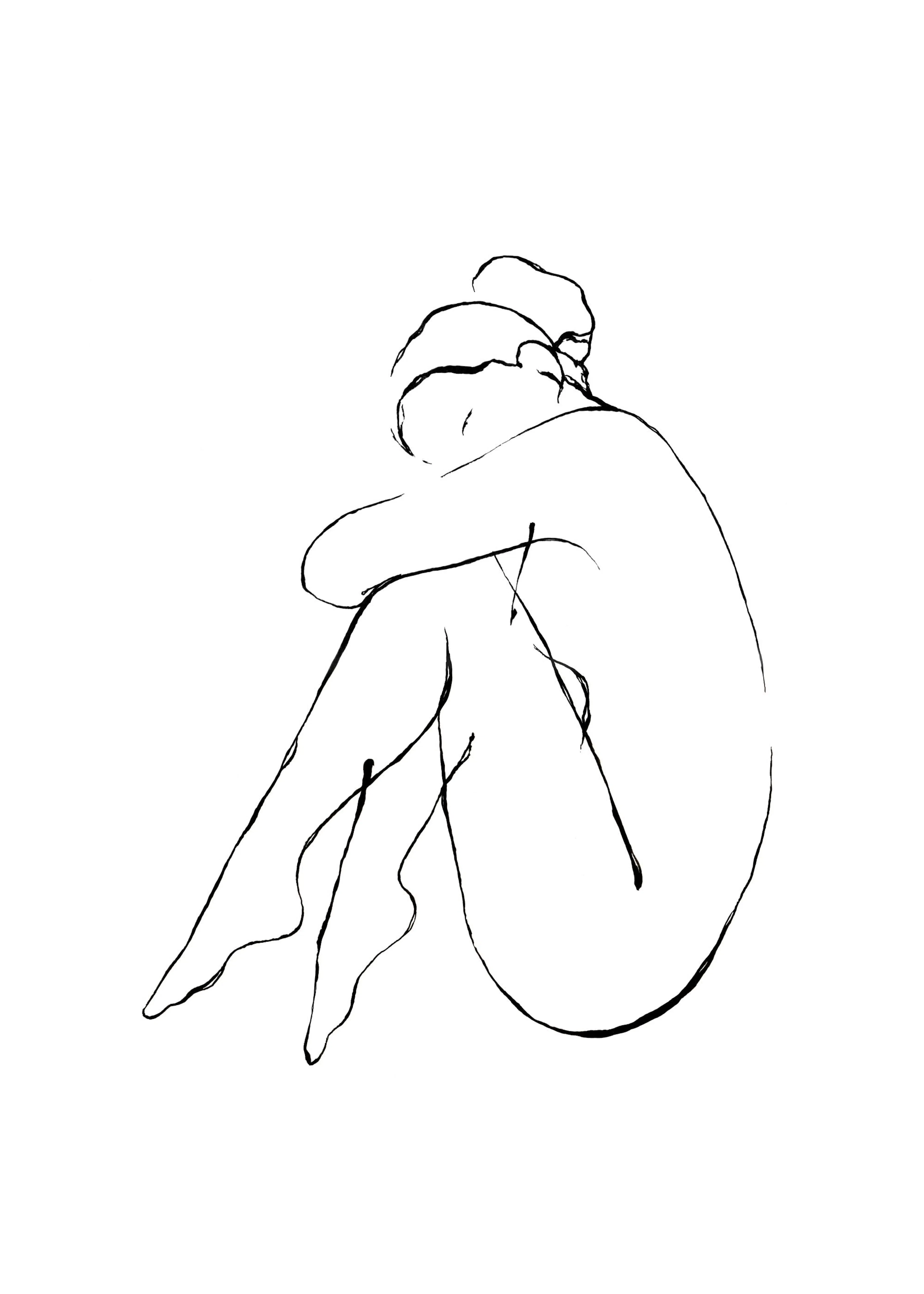 Poster dune silhouette de femme nue recroquevillée, dessinée au trait noir sur fond blanc.