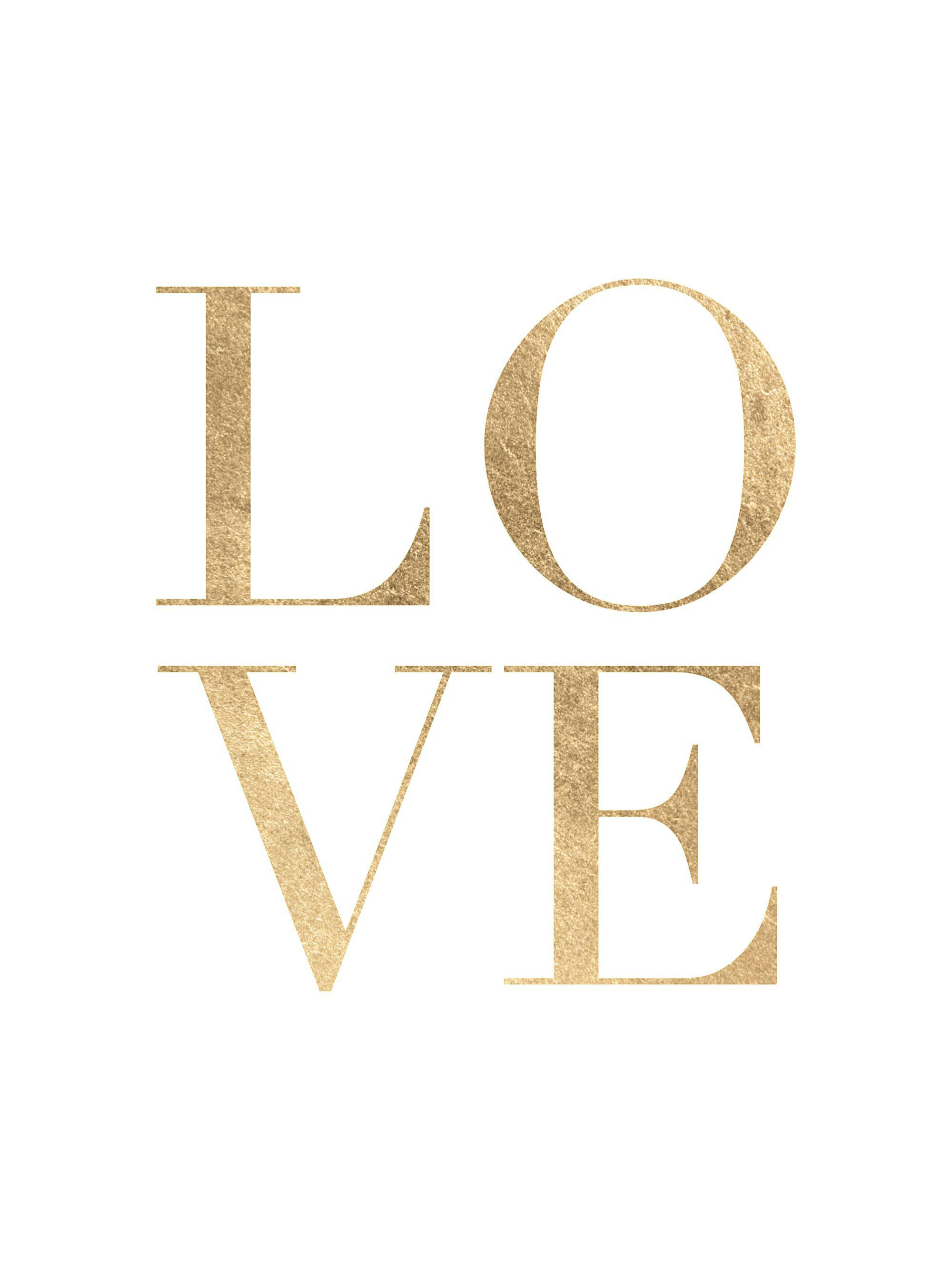 A poster featuring the word LOVE in textured gold letters on a white background, LO on top of VE.
