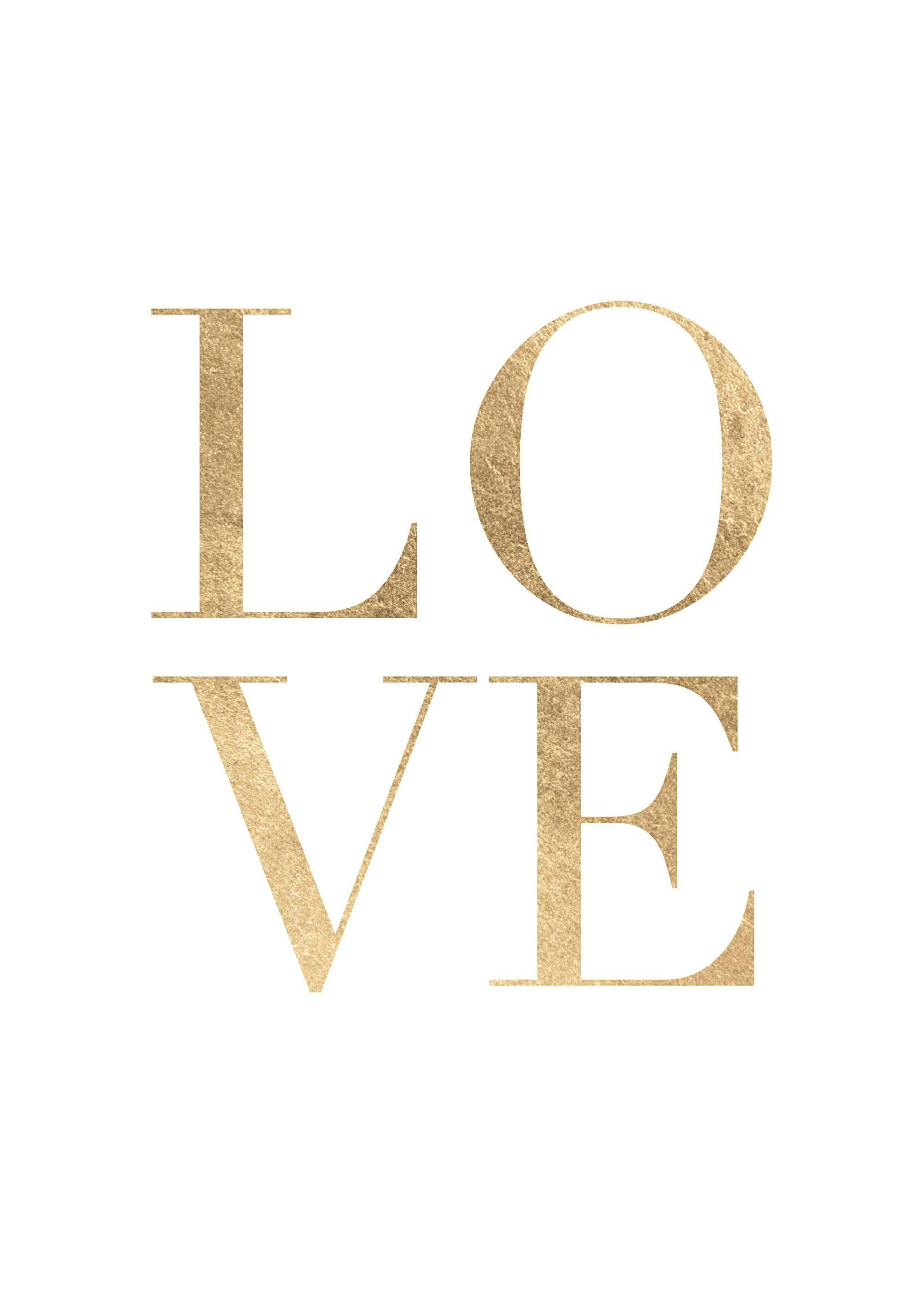 Poster avec le mot LOVE écrit en lettres dorées scintillantes sur fond blanc.