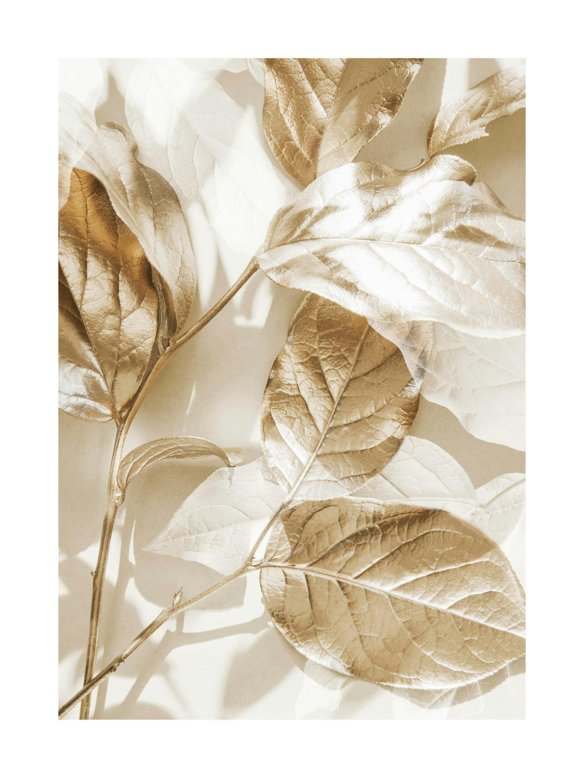 Poster de feuilles dorées sur fond clair, avec des ombres subtiles et une texture délicate.