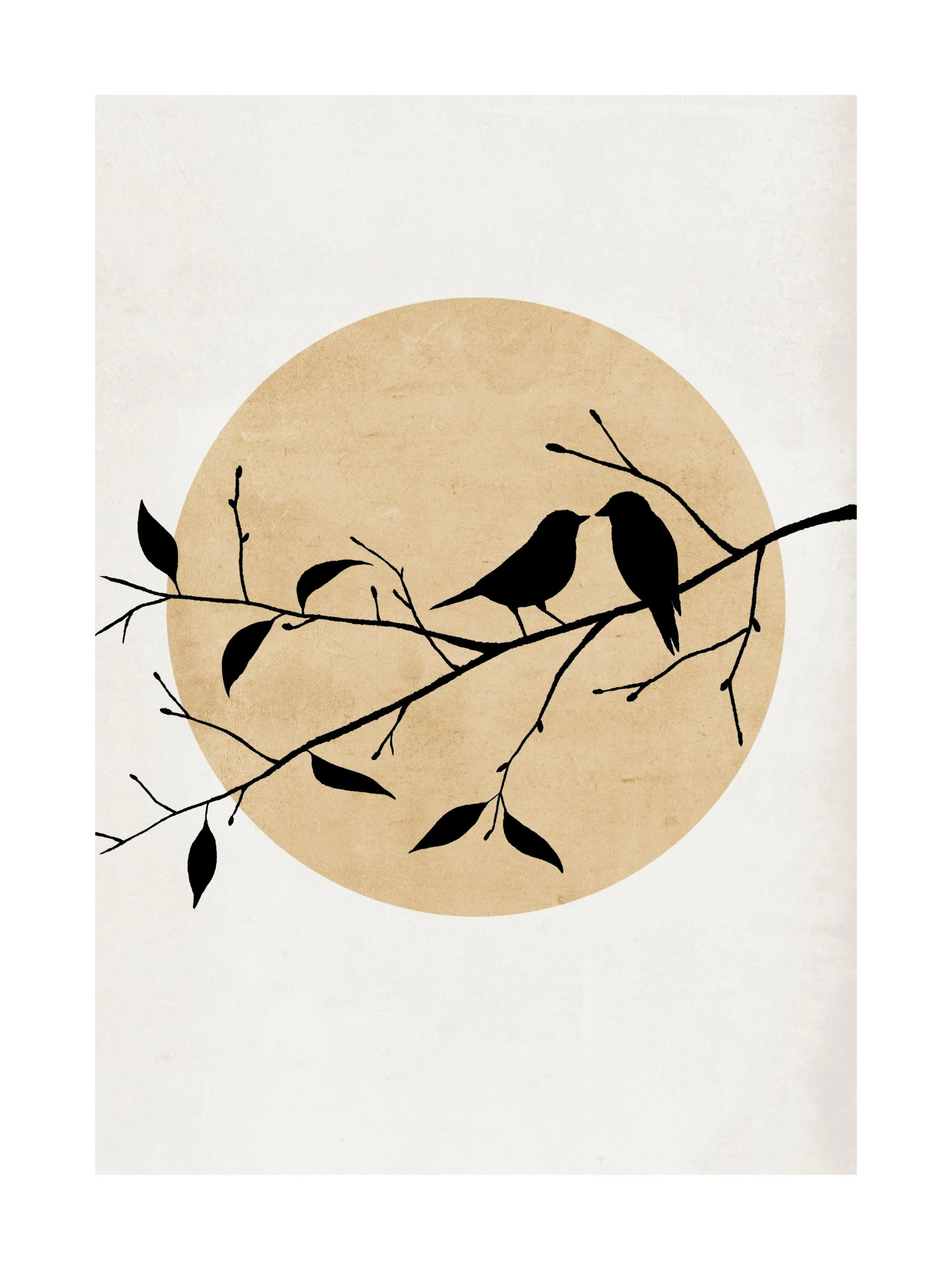 A poster featuring a black silhouetted branch with two birds kissing, set against a circular beige sun on a cream background.