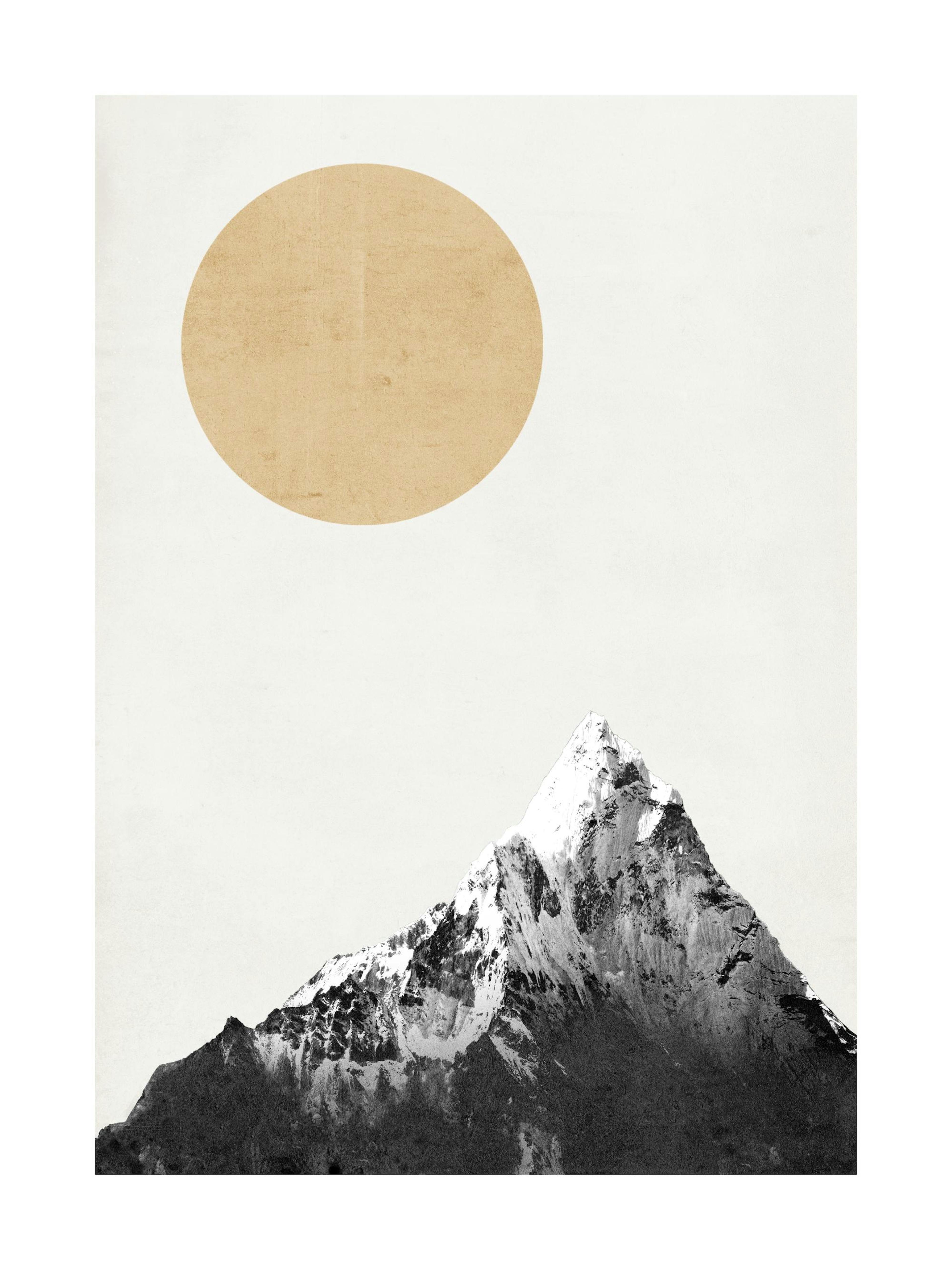 A poster featuring a beige sun above a snow-capped black and white mountain on a light background.