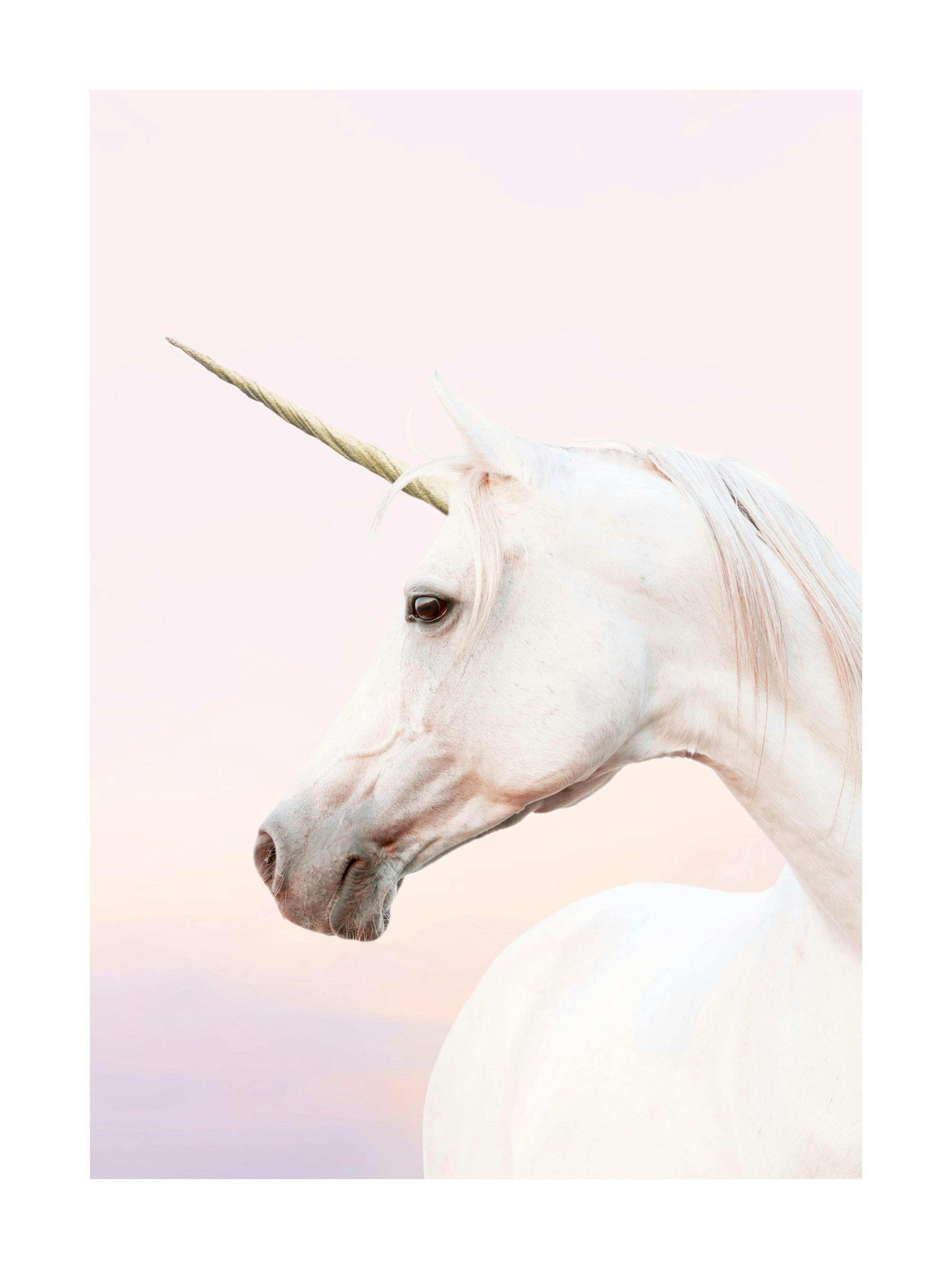 Póster de un unicornio blanco de perfil con un cuerno dorado, sobre un fondo suave de tonos pastel.