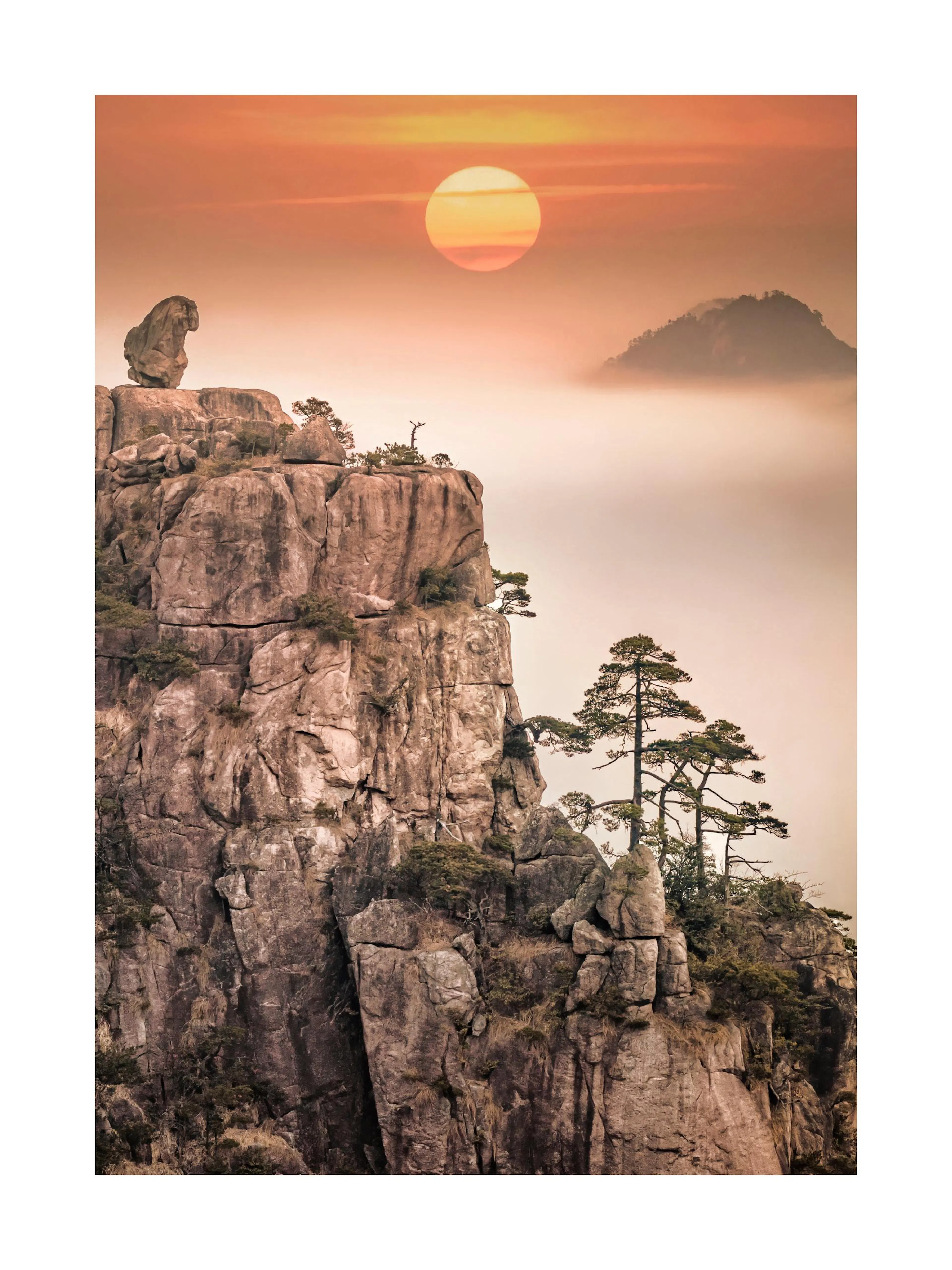 En plakat av en rolig solnedgang over et fjellandskap med tåke og gamle furutrær.