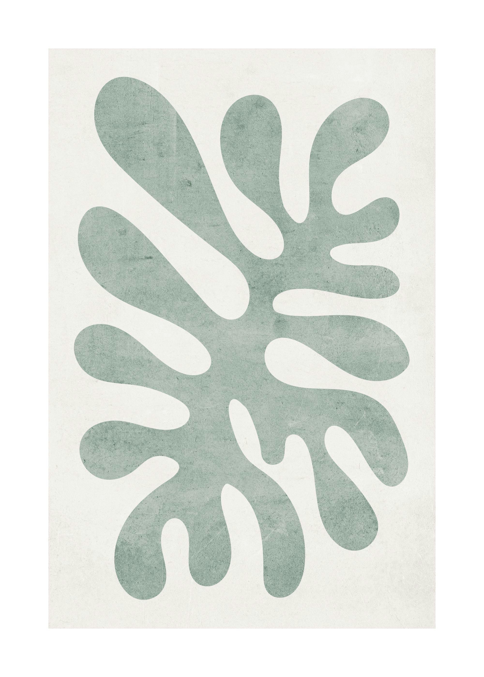 A poster featuring a sage green organic shape with a textured finish on a light beige background, reminiscent of a cut-out leaf.