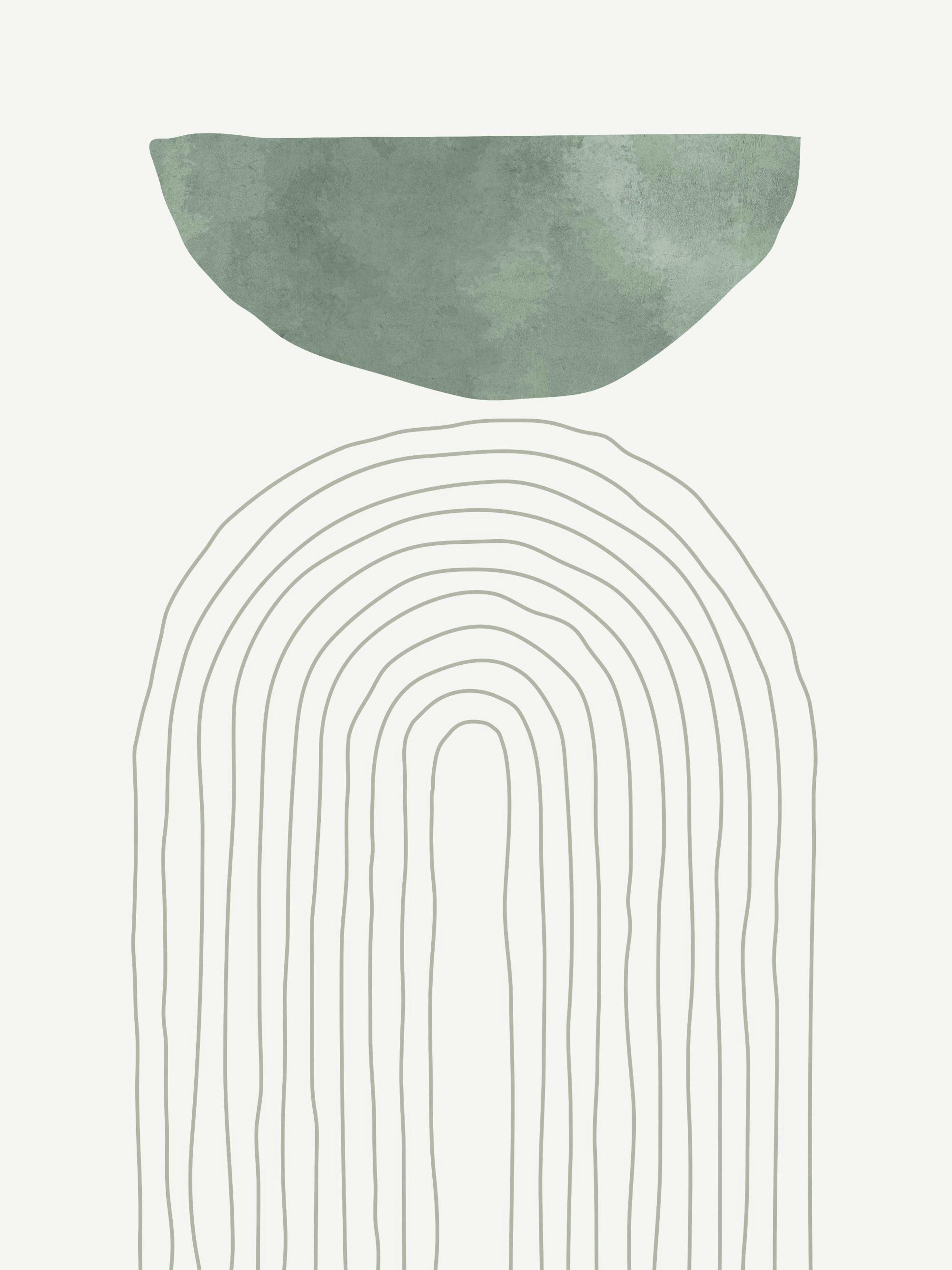 A poster featuring a green half-circle shape above a series of thin, curved lines forming an arch on a light background.