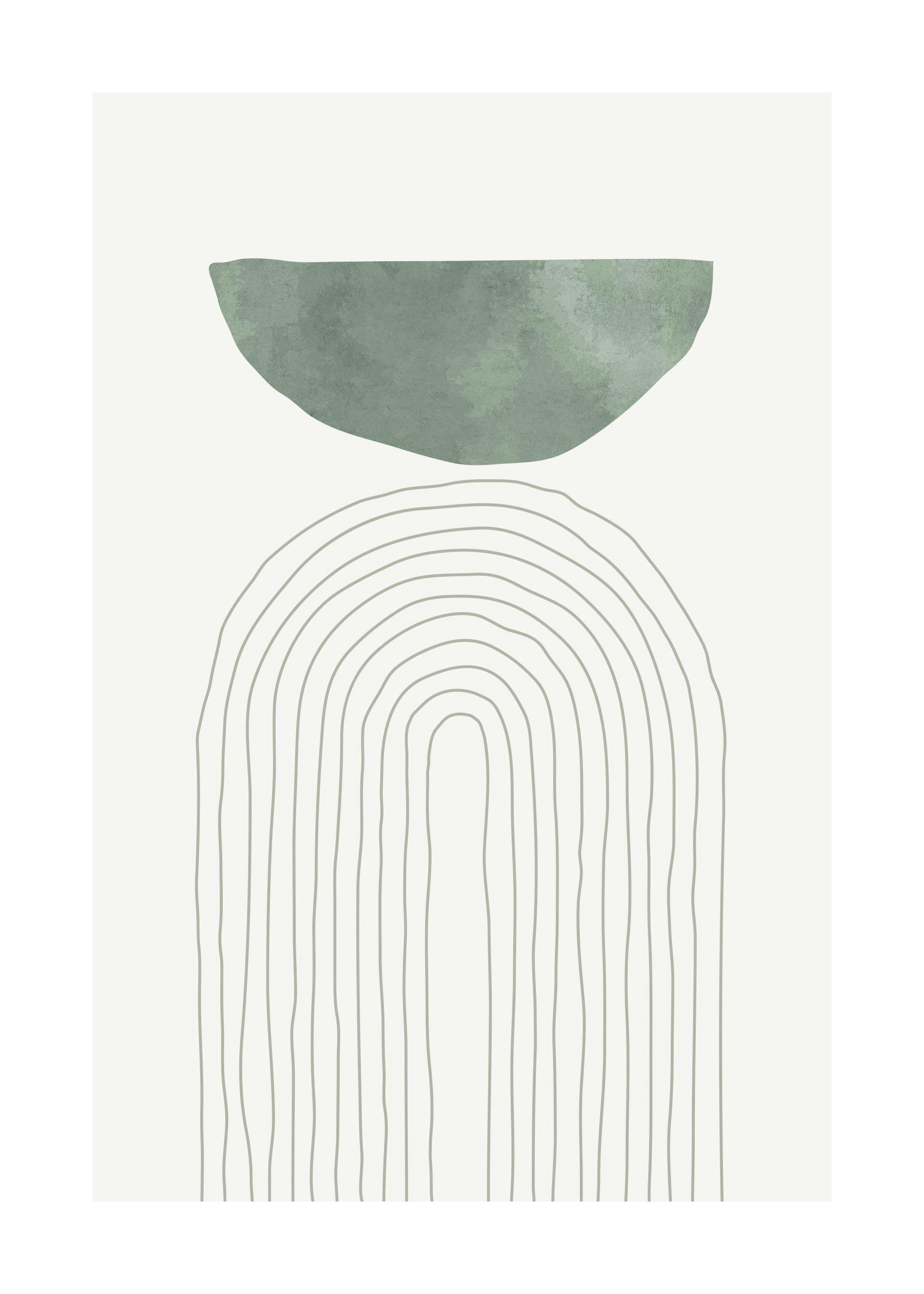 Poster avec une forme organique vert sauge et des lignes arquées grises sur fond blanc cassé.