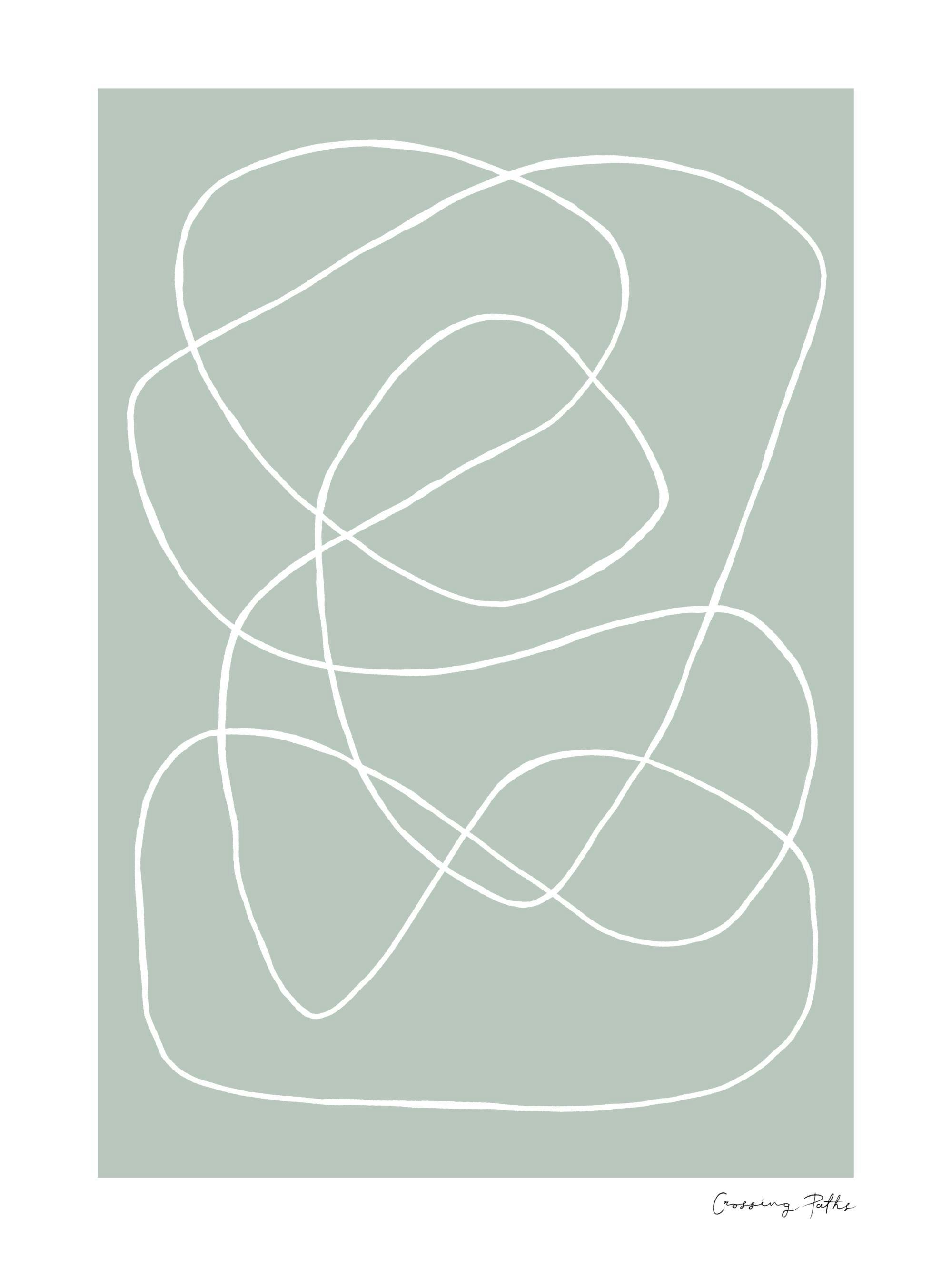 En plakat med en lys grågrønn bakgrunn og abstrakte hvite linjer som krysser hverandre. Teksten Crossing Paths står nederst.
