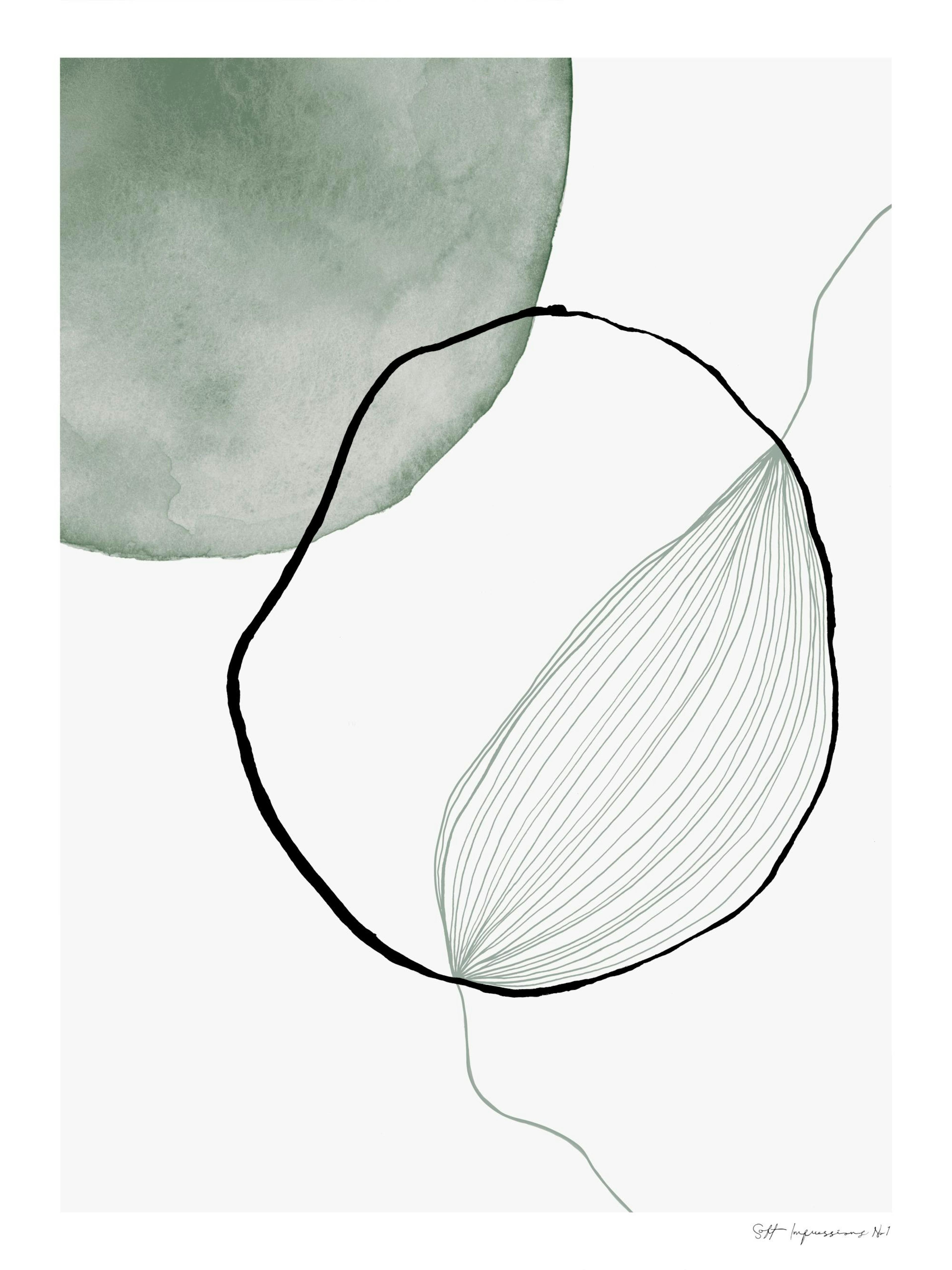 A poster featuring a sage green watercolor circle, a thick black outline, and thin green lines of a leaf on a white background.