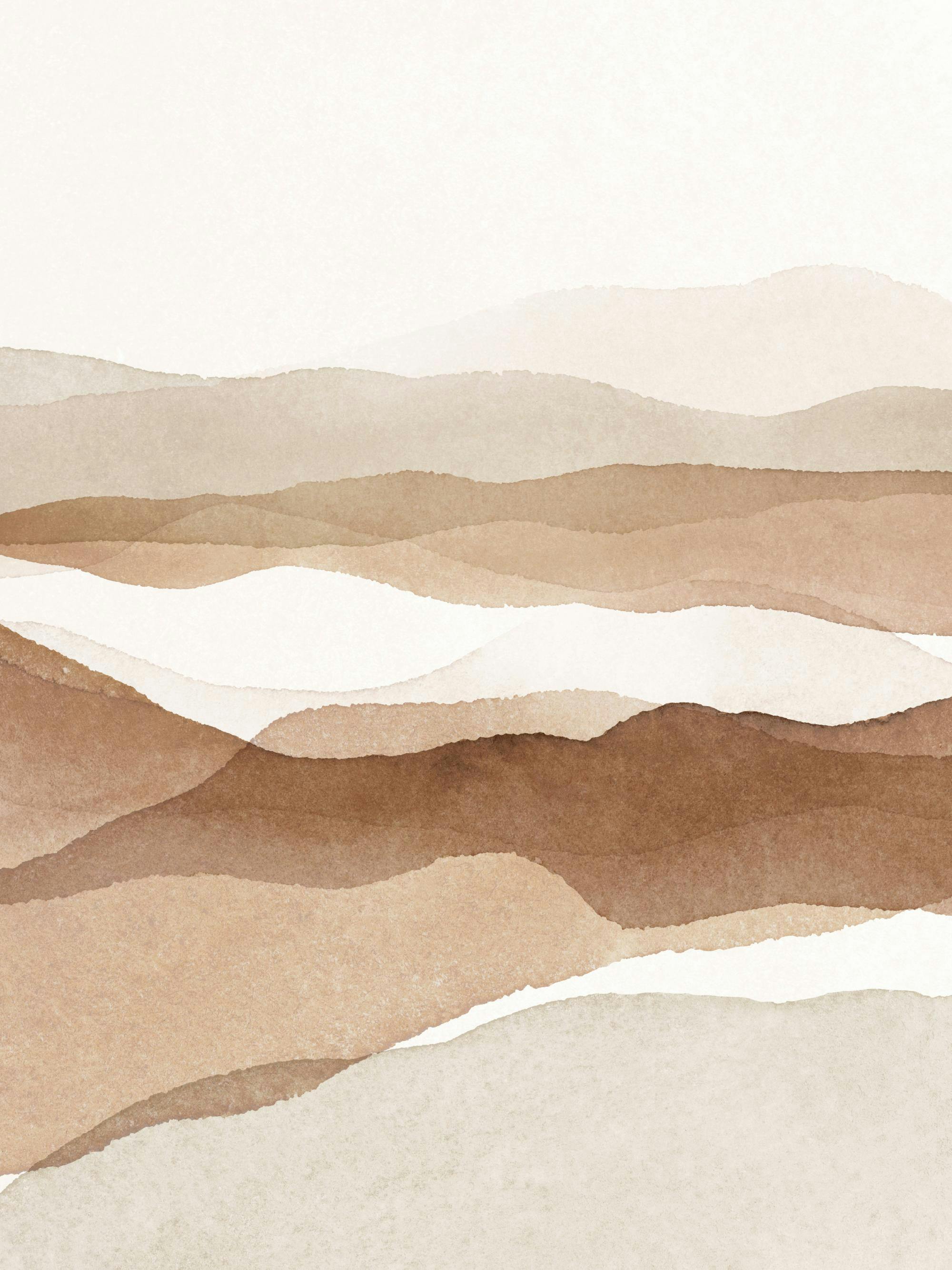 A poster featuring a layered watercolour landscape with rolling hills in shades of brown and beige.