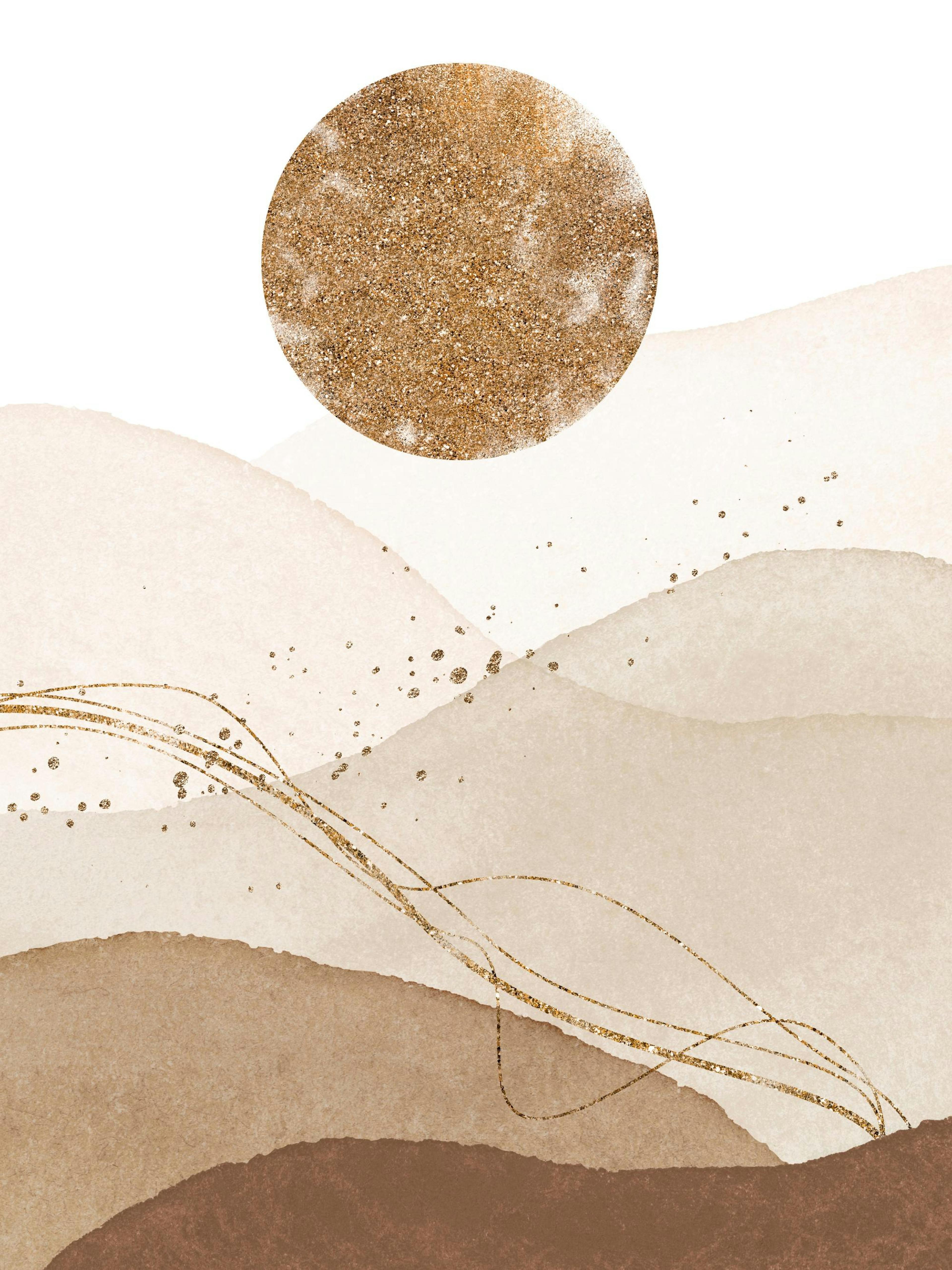 A gallery wall featuring four posters in neutral tones, including a tree with sunbeams, white flowers, and abstract landscapes, 