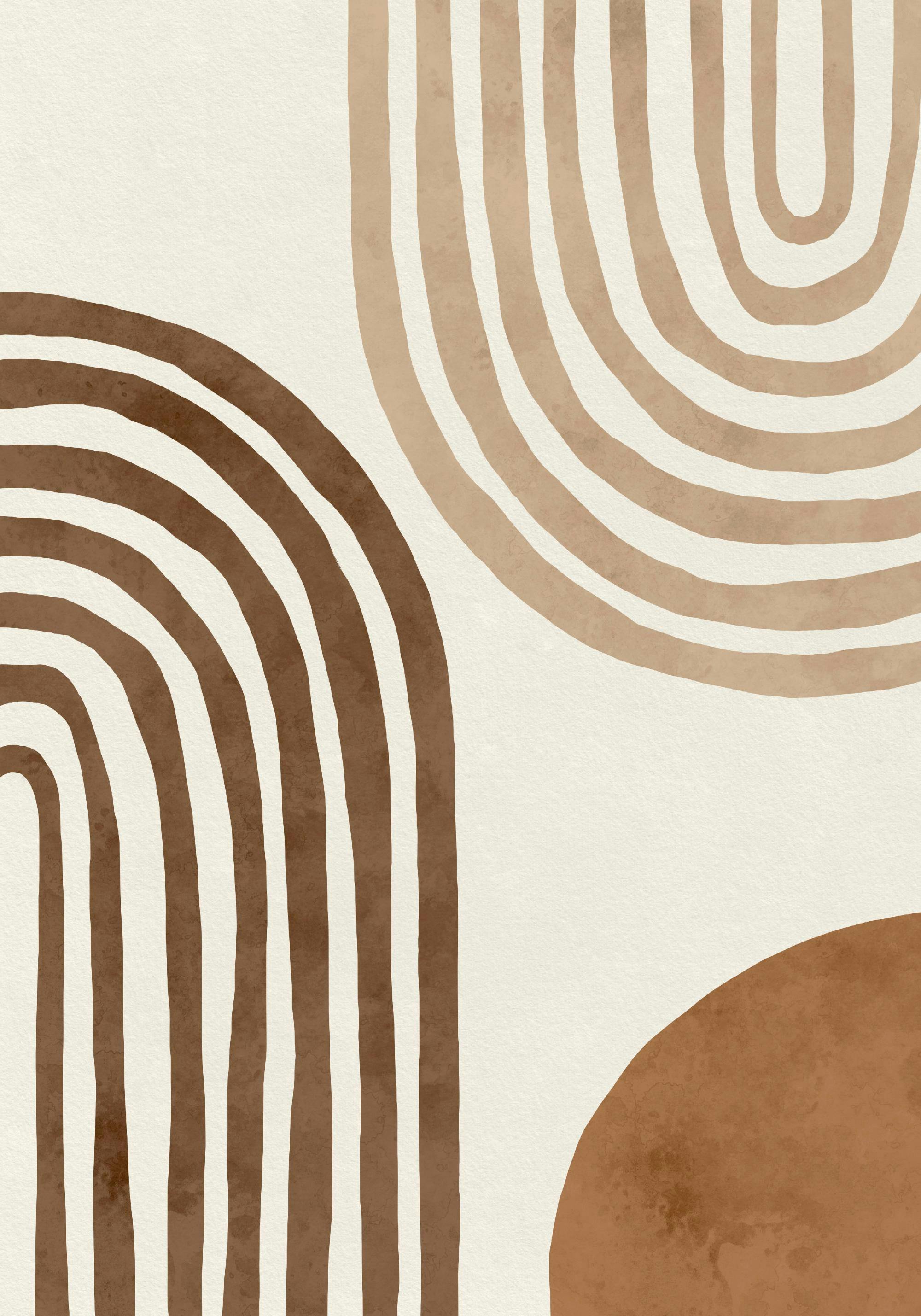 A poster featuring a boho abstract design with brown arches and a solid brown circle on an off-white background.