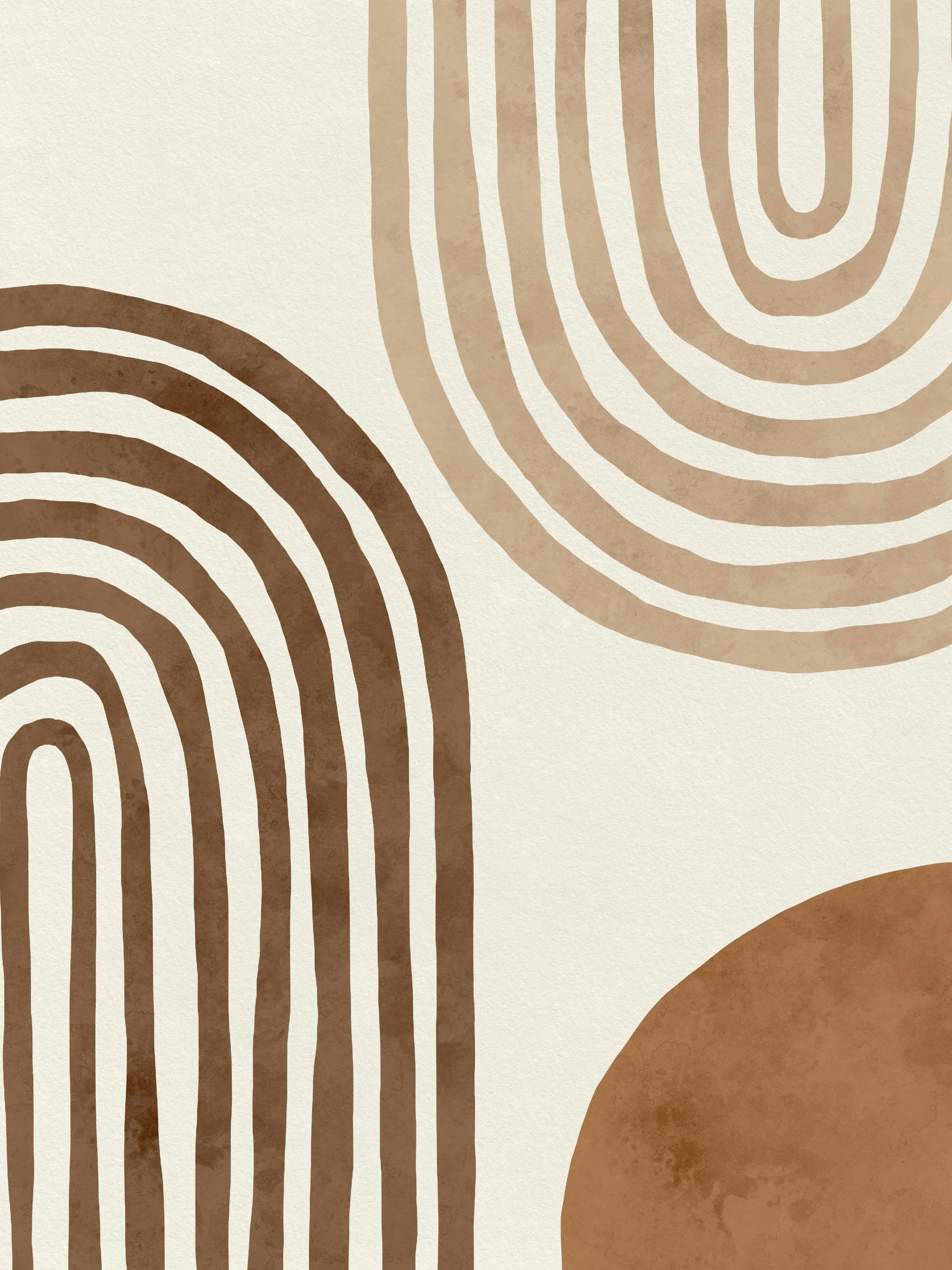 Un poster con forme ad arco organiche marroni e beige su sfondo chiaro, con un semicerchio marrone.