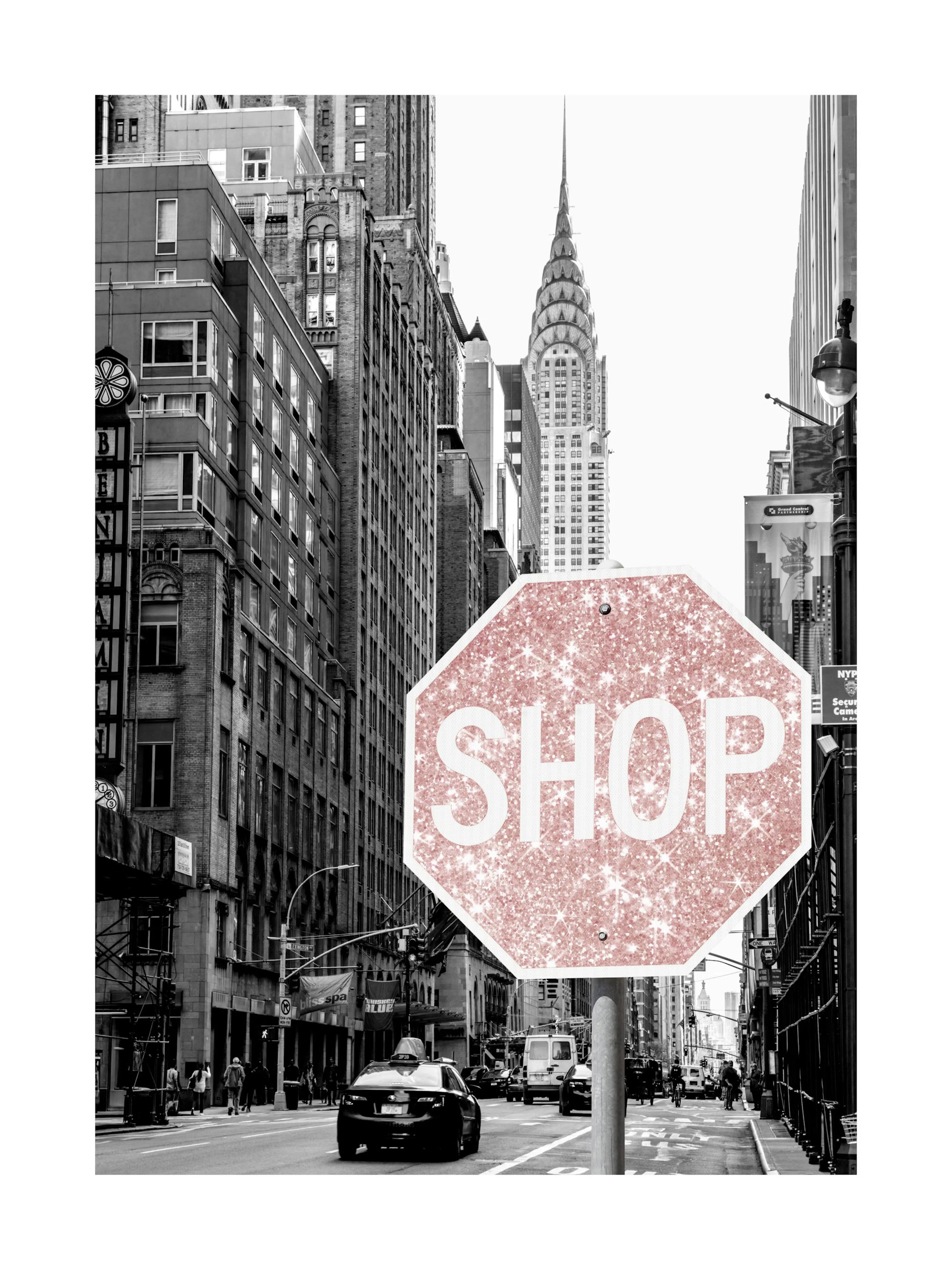 A poster featuring a black and white New York street scene with a pink glitter SHOP stop sign.