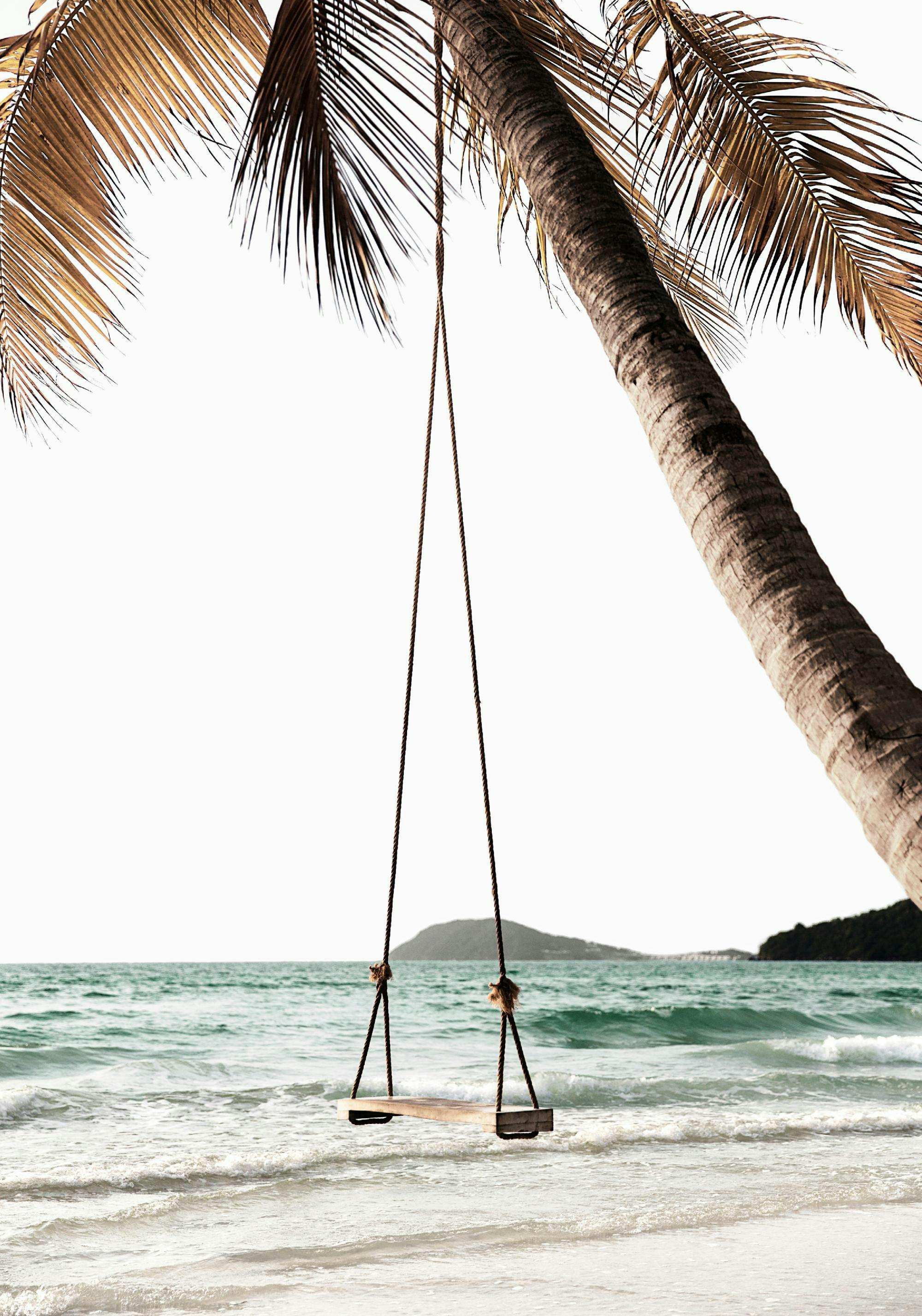 A poster featuring a wooden swing hanging from a palm tree over a sandy beach with turquoise ocean waves and a distant island.