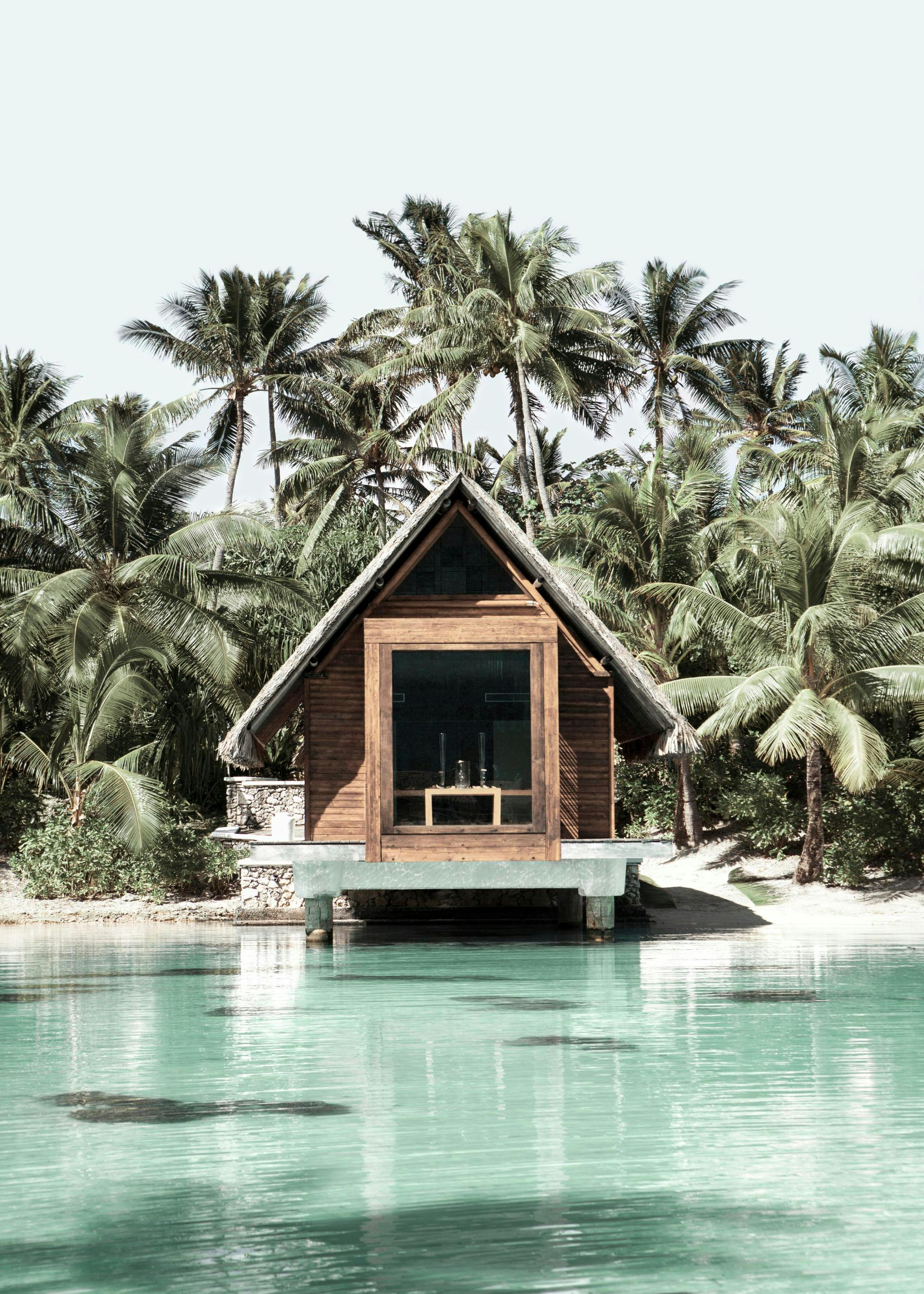 A poster of a tropical wooden hut with a thatched roof, surrounded by palm trees and turquoise water on a clear day.