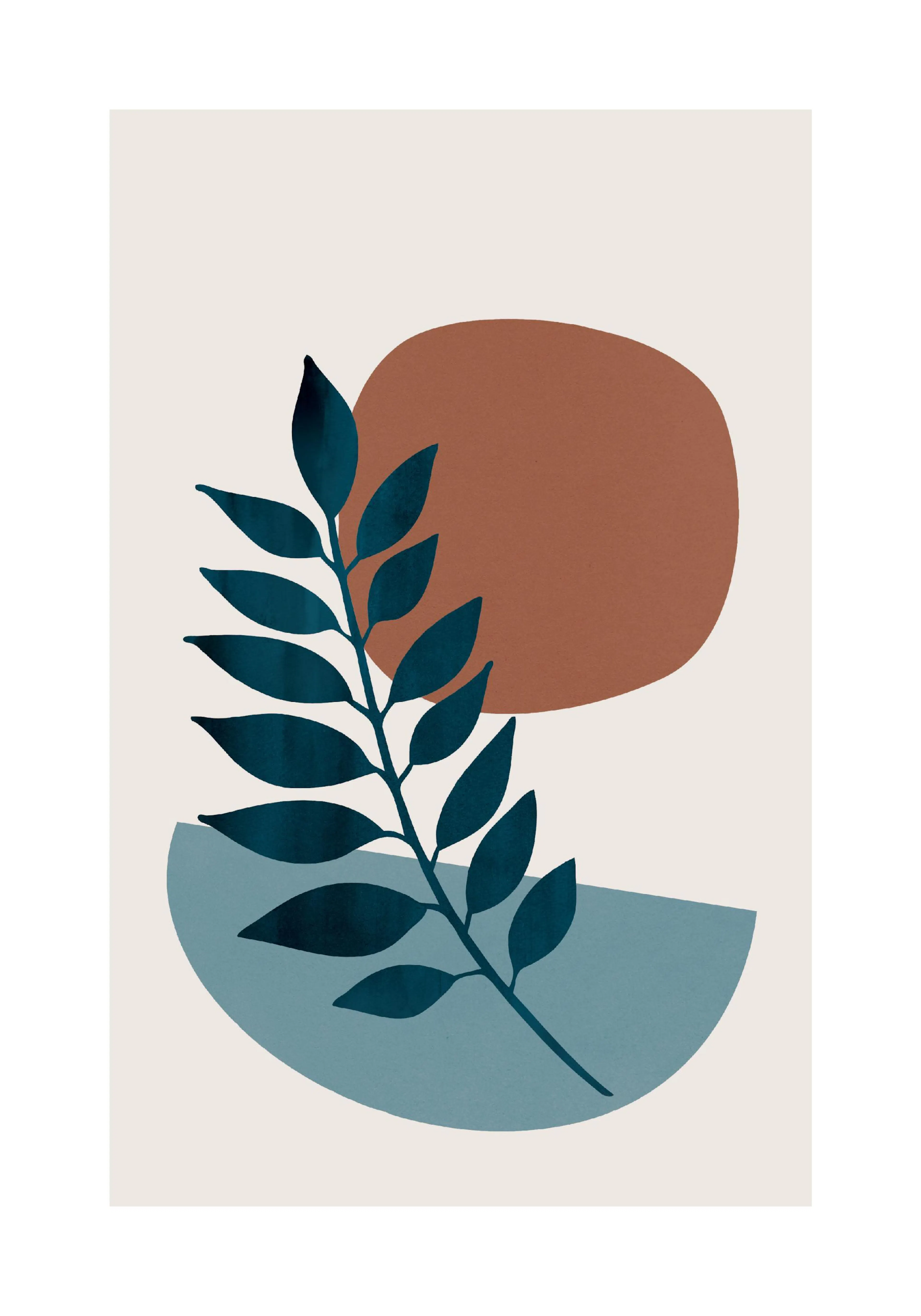 Een poster met een donkerblauw blad op een beige achtergrond met abstracte roestbruine en blauwe vormen.