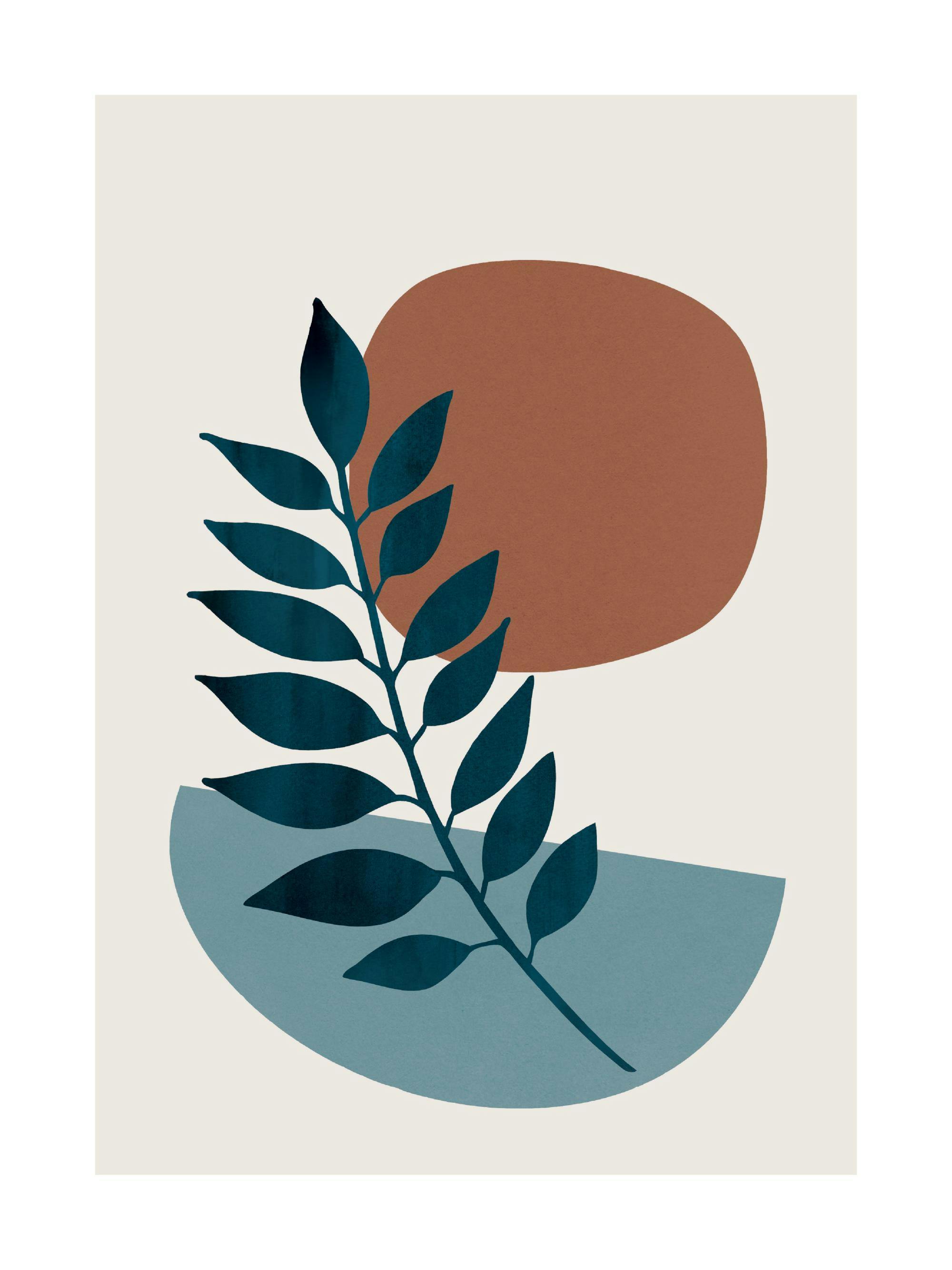 Póster de una rama con hojas verde oscuro sobre formas geométricas en tonos terracota y azul en fondo claro.